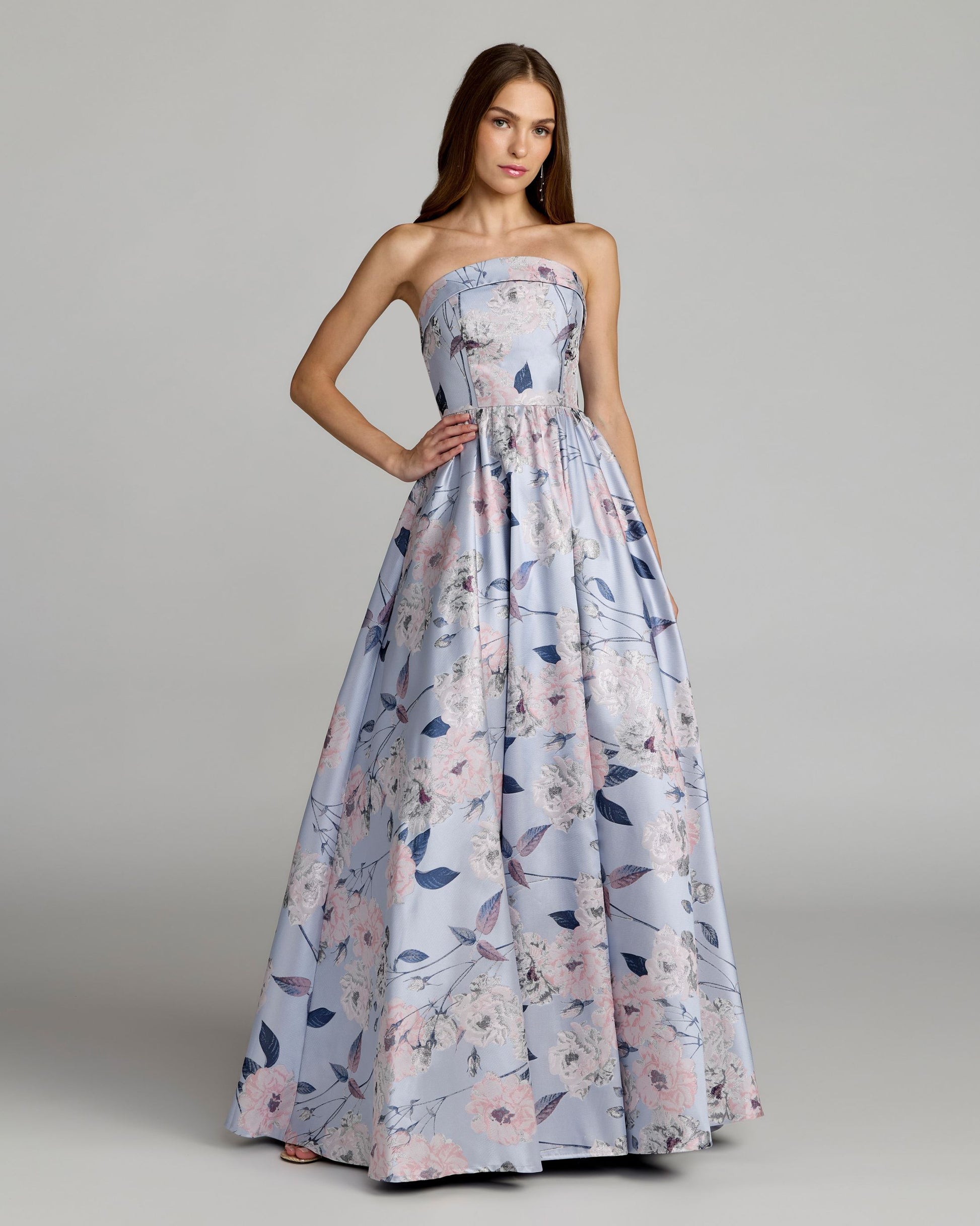 Blue Floral Brocade Strapless Ball Gown Mac Duggal