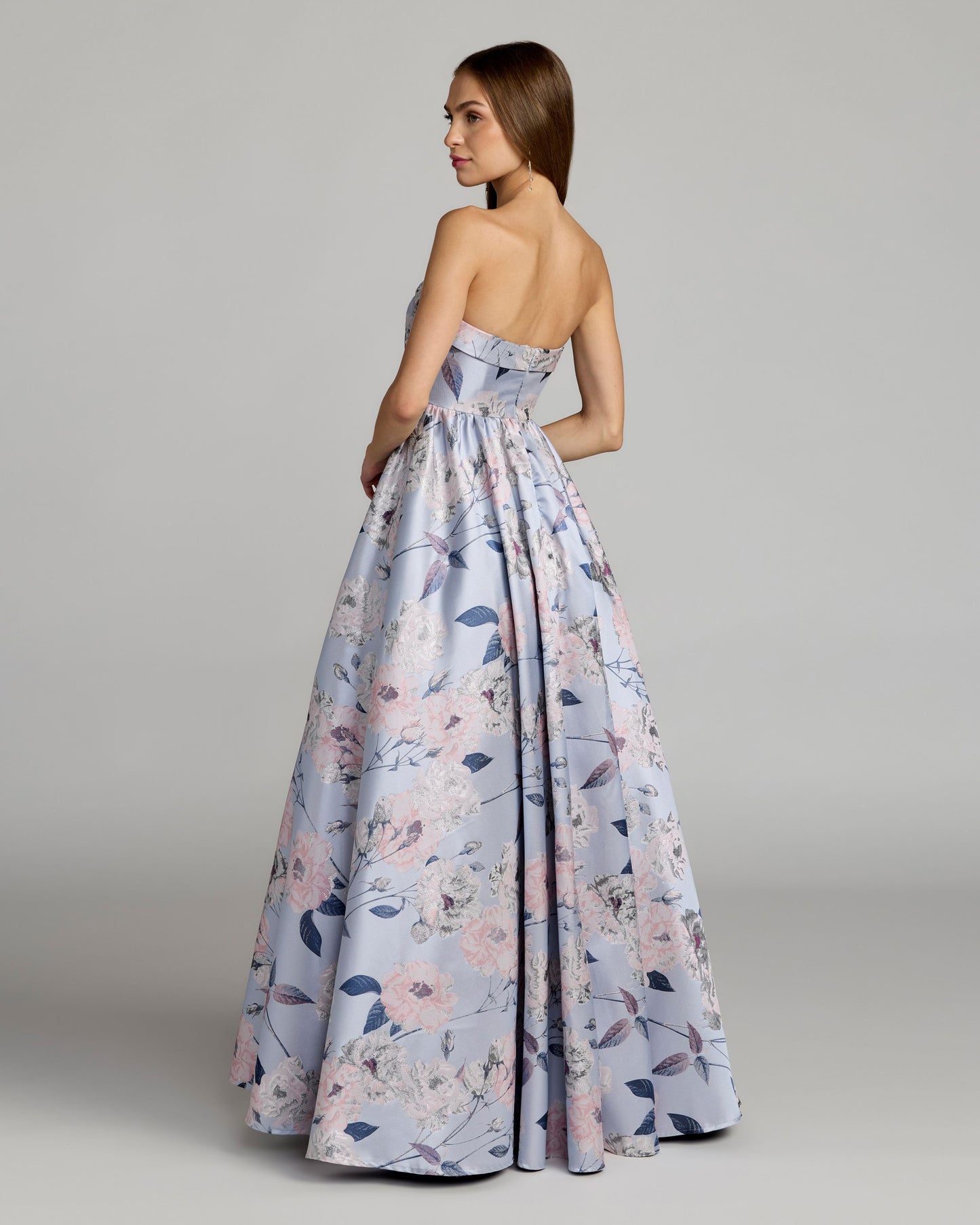 Blue Floral Brocade Strapless Ball Gown Mac Duggal