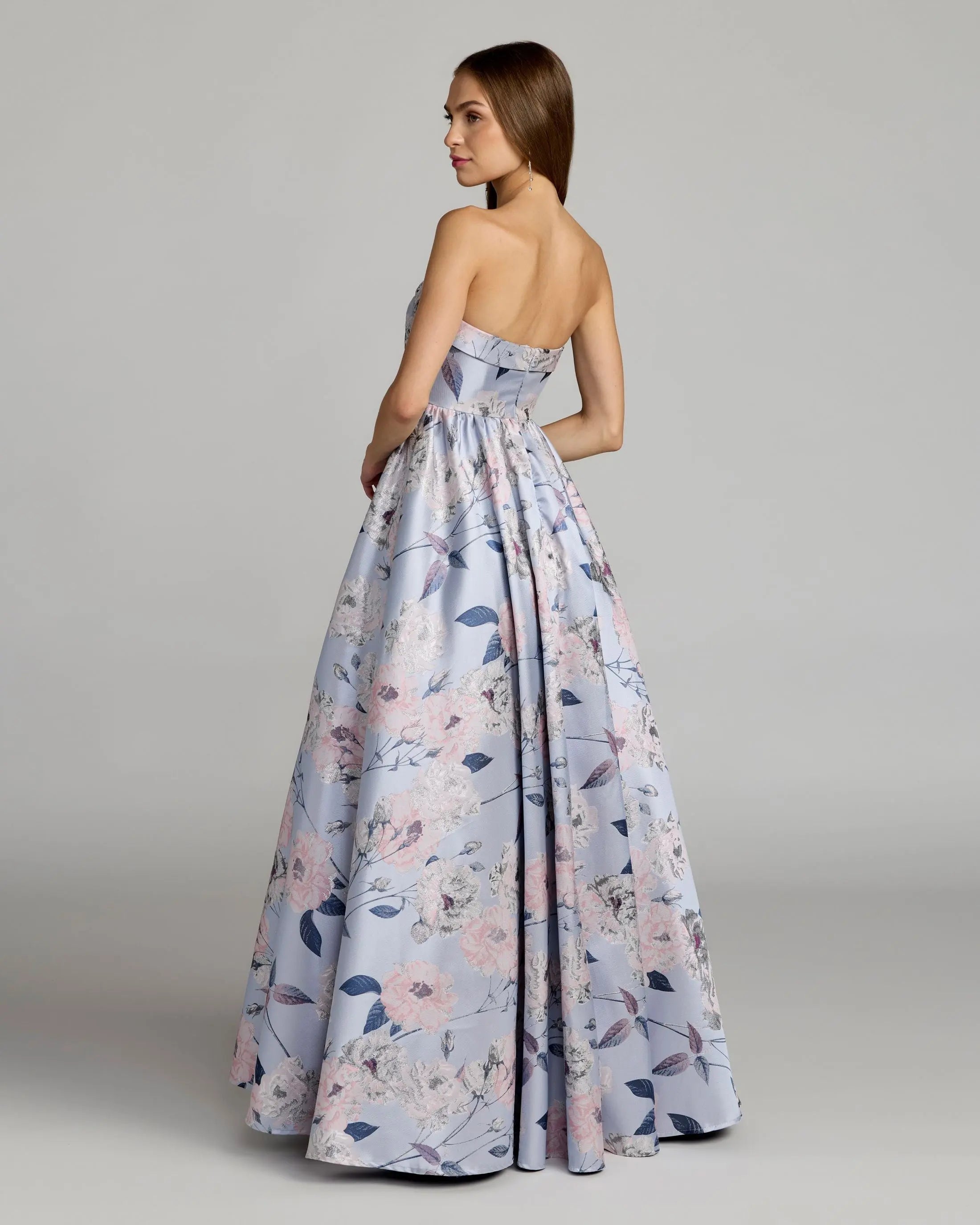 Blue Floral Brocade Strapless Ball Gown Mac Duggal