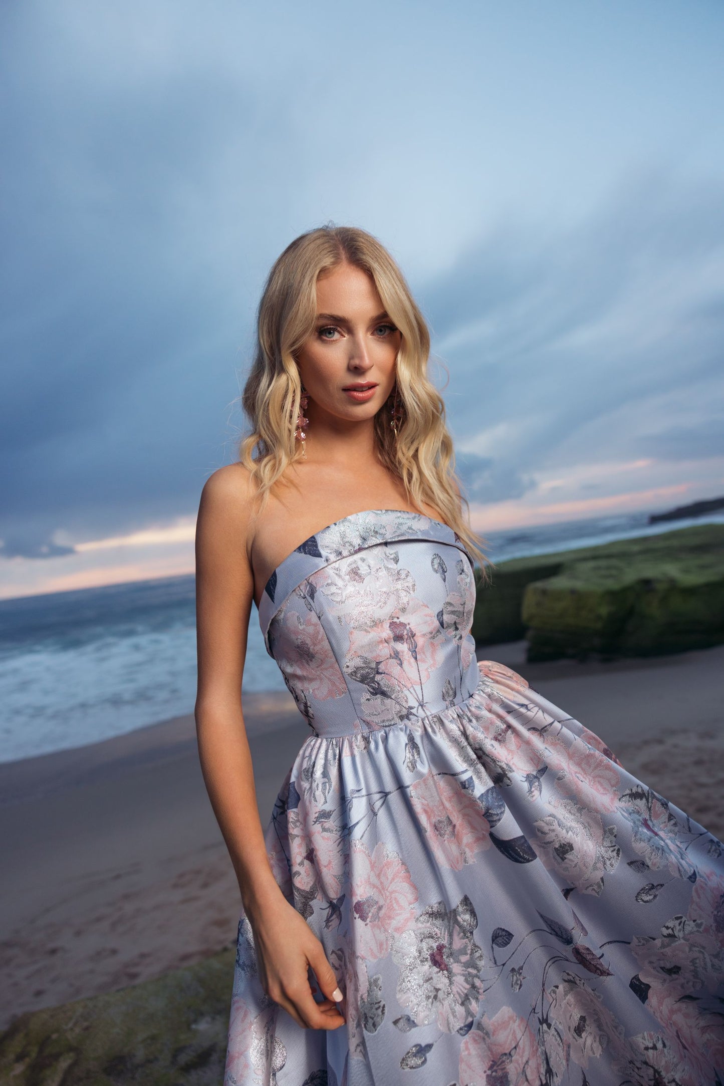 Blue Floral Brocade Strapless Ball Gown Mac Duggal