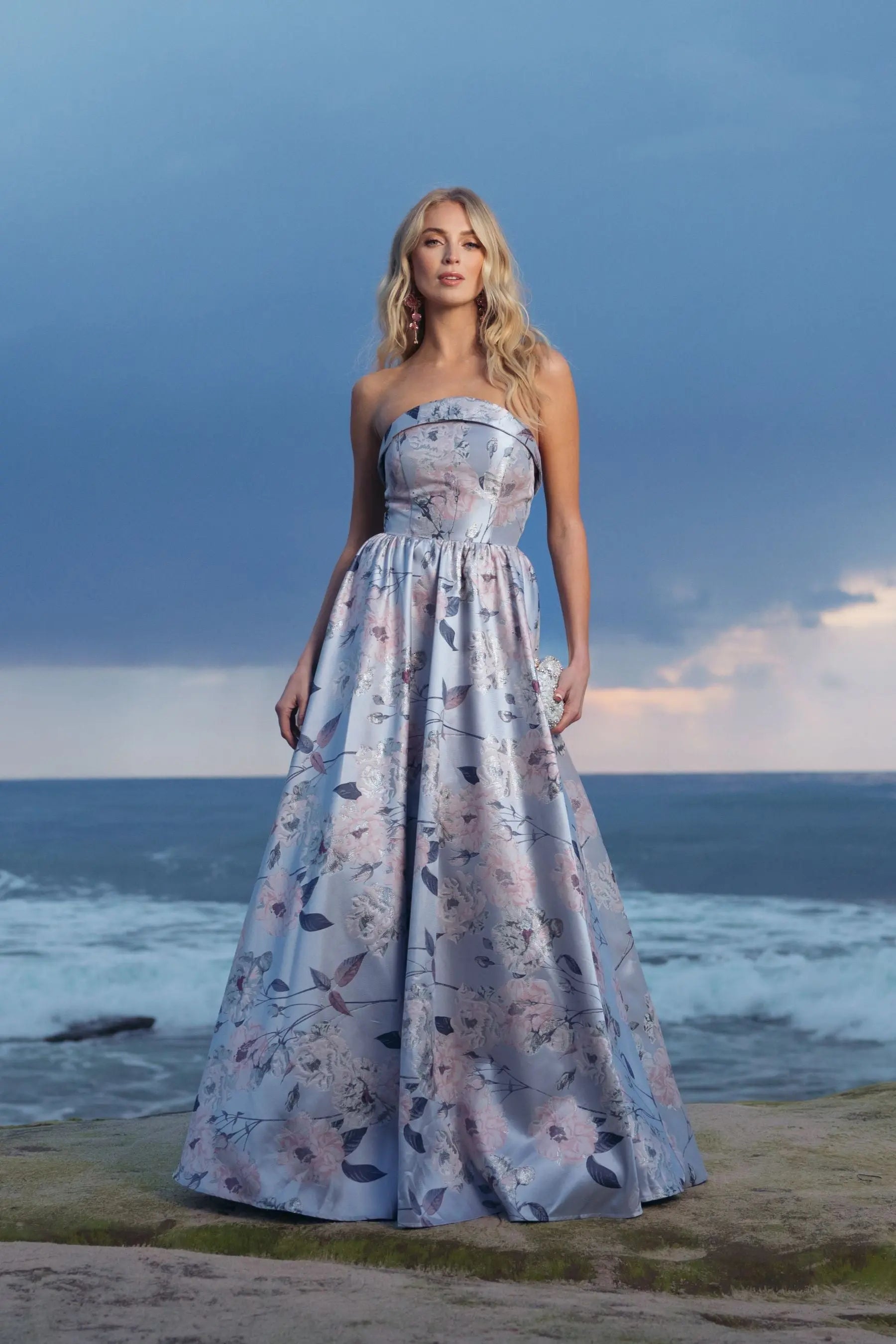 blue brocade dress Mac Duggal - Blue Floral Brocade Strapless Ball Gown