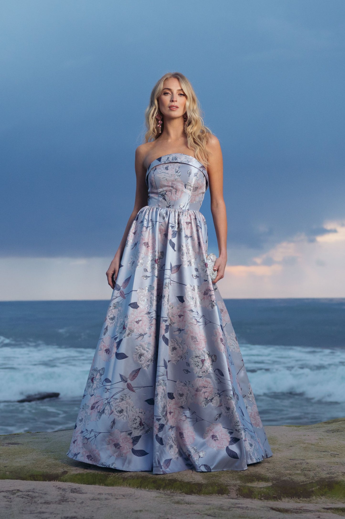 Blue Floral Brocade Strapless Ball Gown Mac Duggal