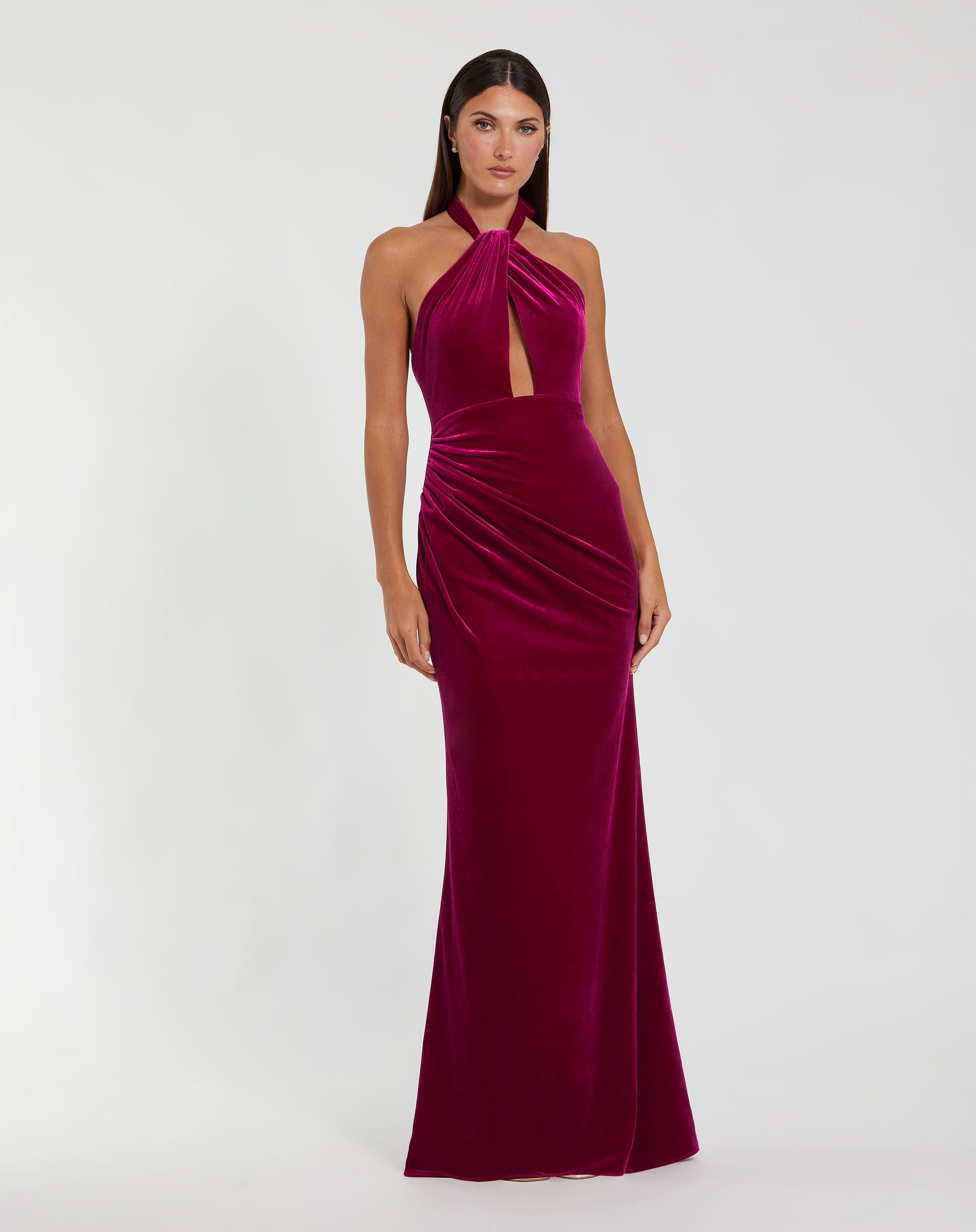 Berry Twist Neck Open Front Velvet Draped Gown - Ieena for Mac Duggal