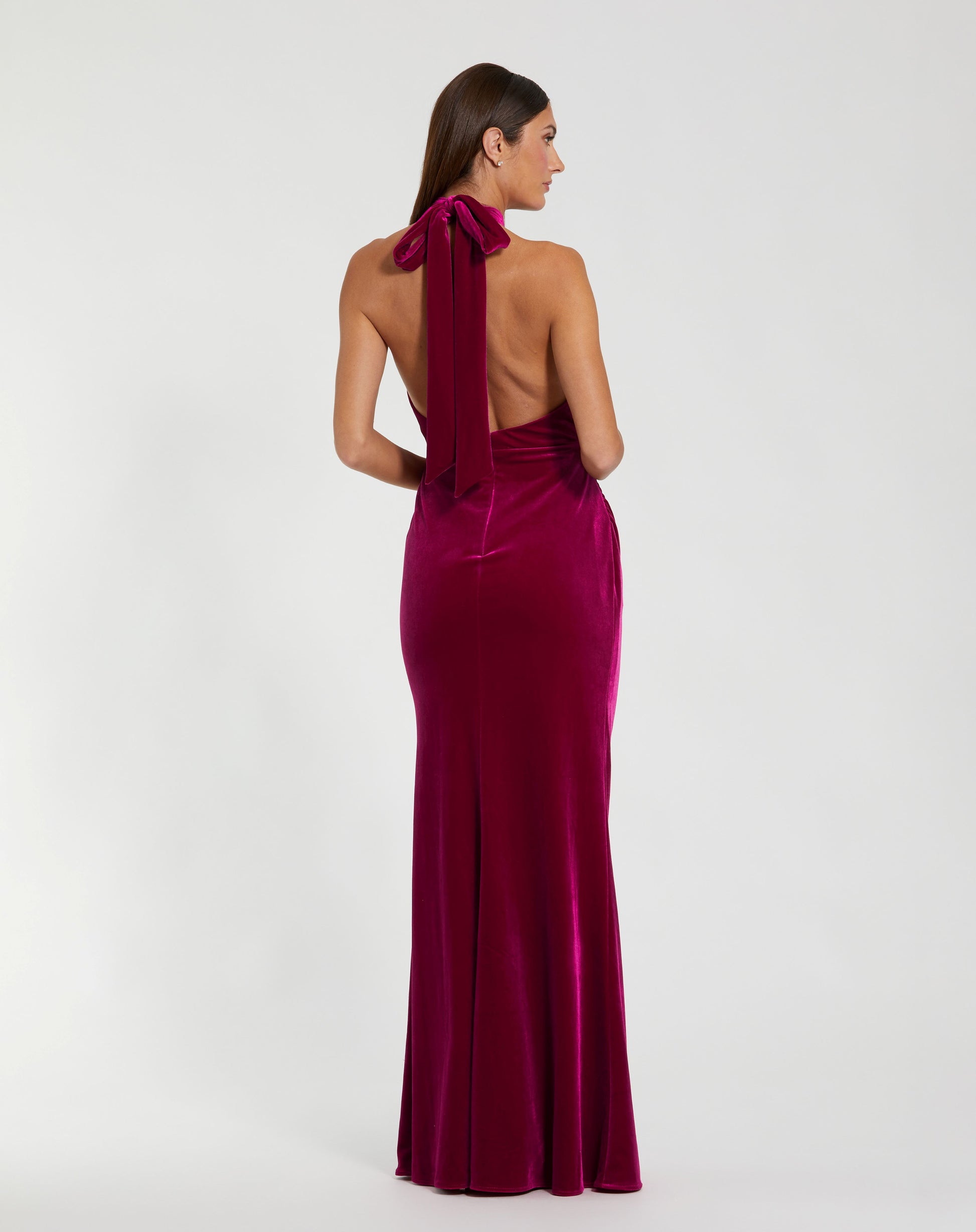 Berry Twist Neck Open Front Velvet Draped Gown - Ieena for Mac Duggal