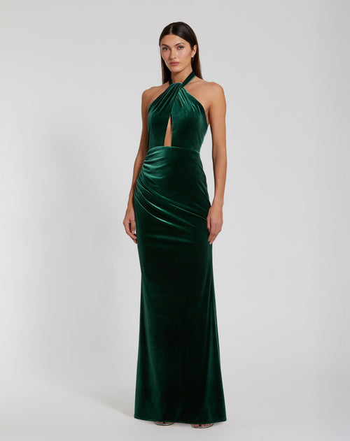 Twist Neck Open Front Velvet Draped Gown