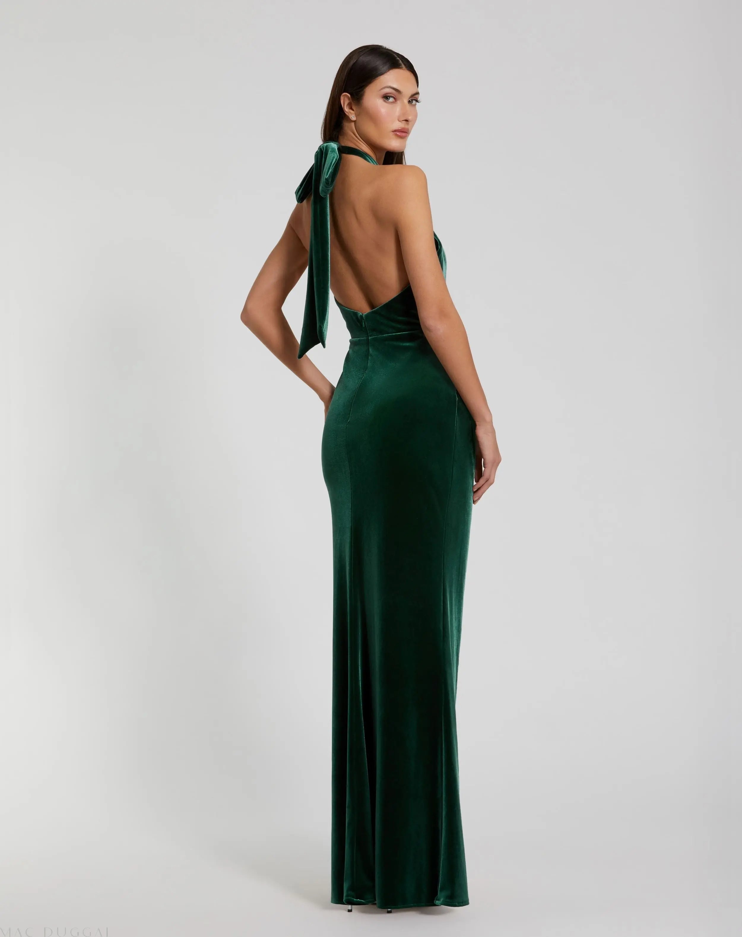 Green Twist Neck Open Front Velvet Draped Gown - Ieena for Mac Duggal