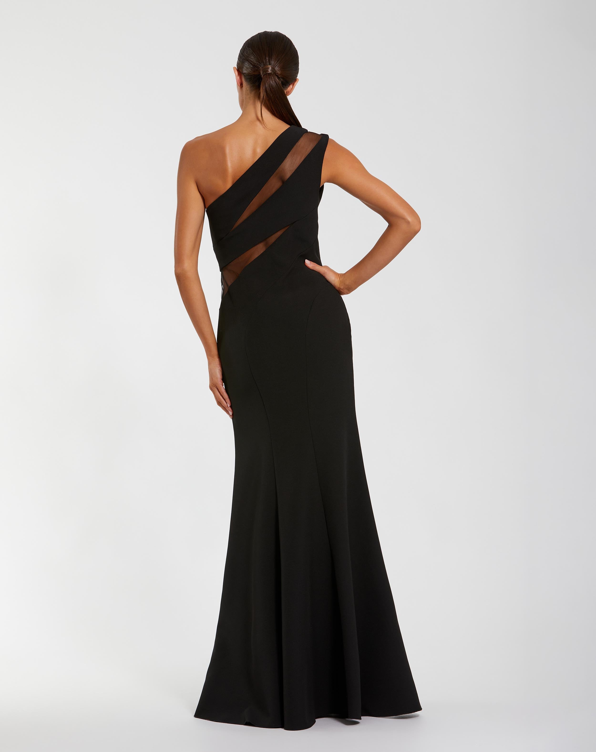 Black One Shoulder Crepe Illusion Cutout Gown Ieena for Mac Duggal