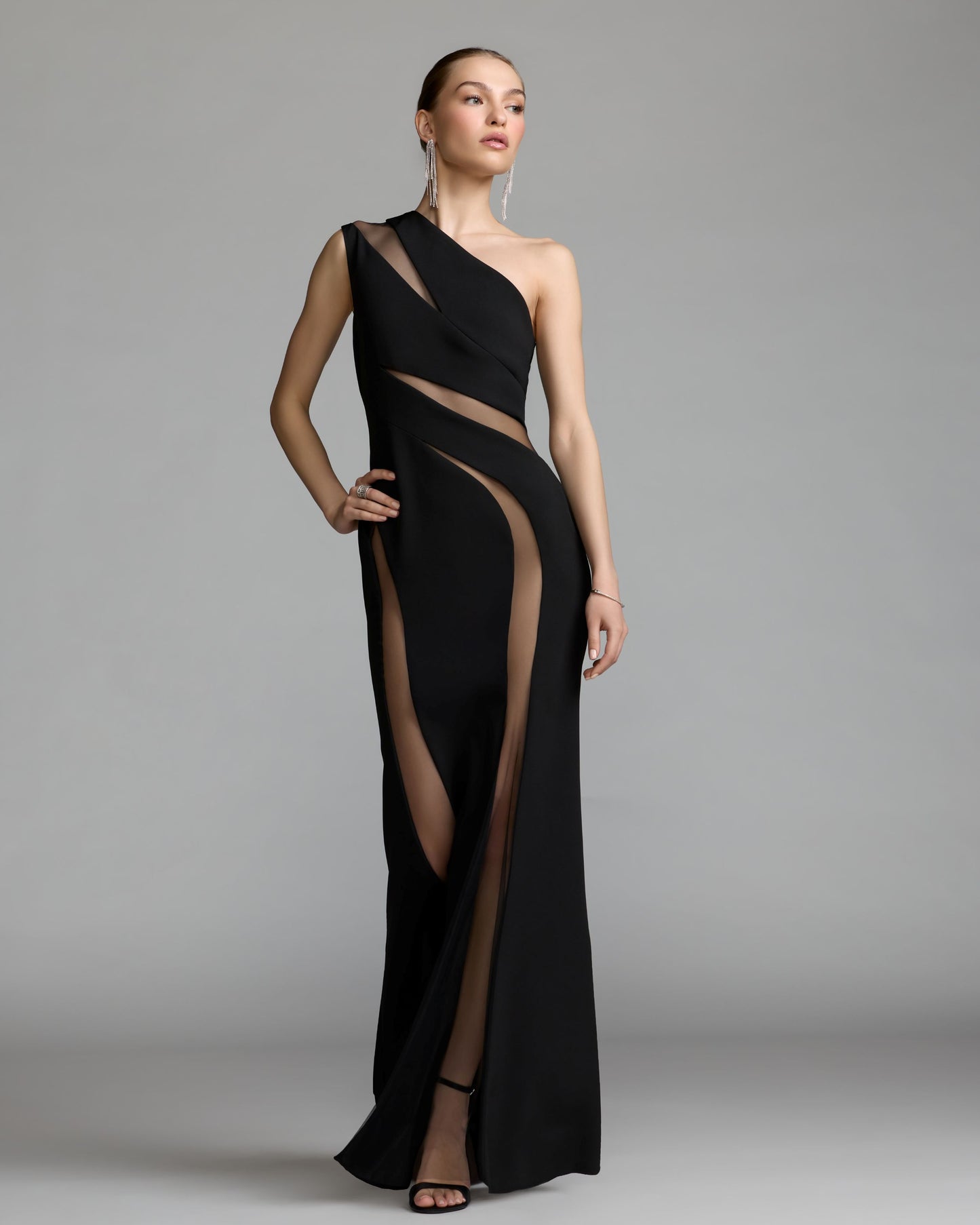 Black One Shoulder Crepe Illusion Cutout Gown Ieena for Mac Duggal