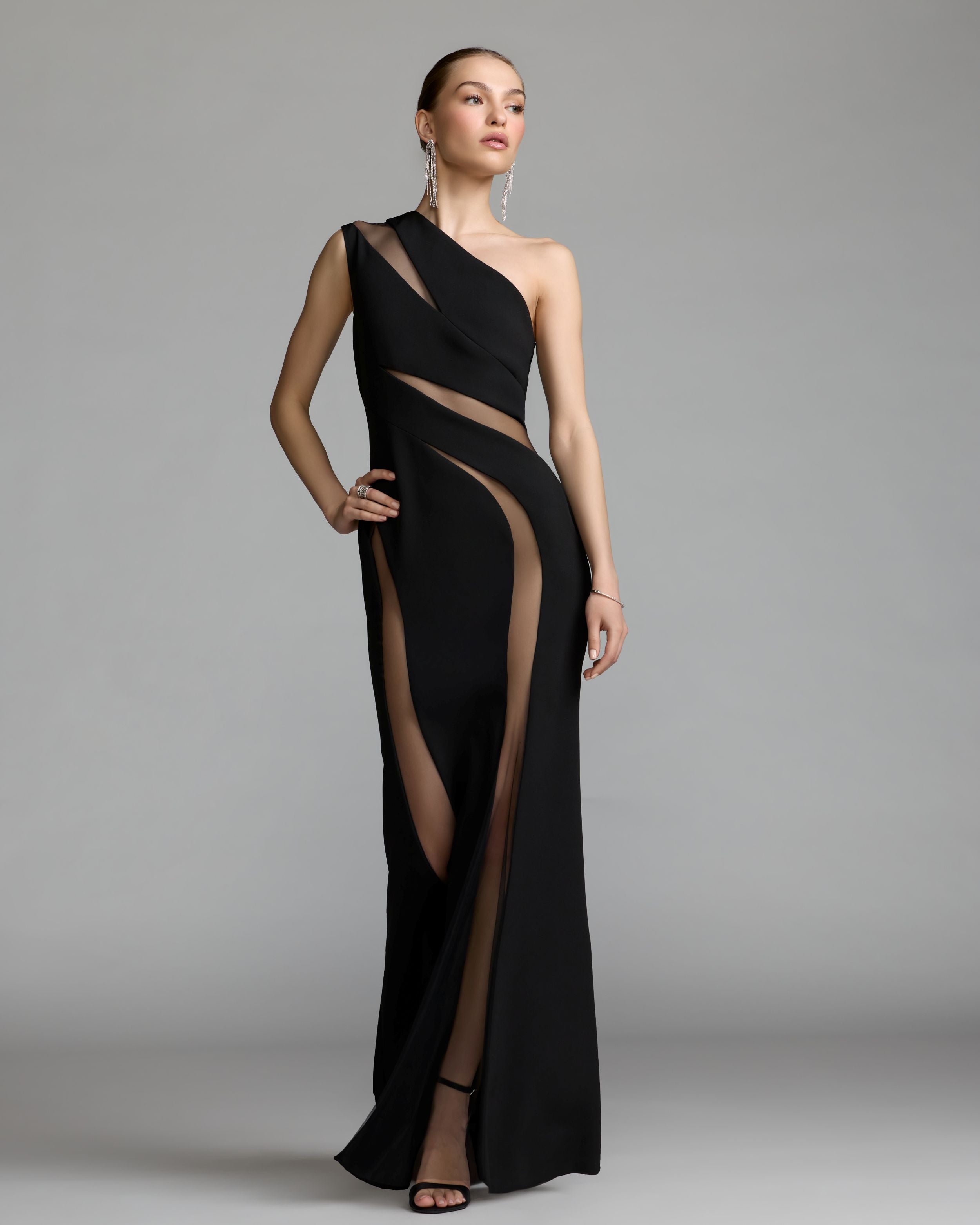 Black One Shoulder Crepe Illusion Cutout Gown Ieena for Mac Duggal