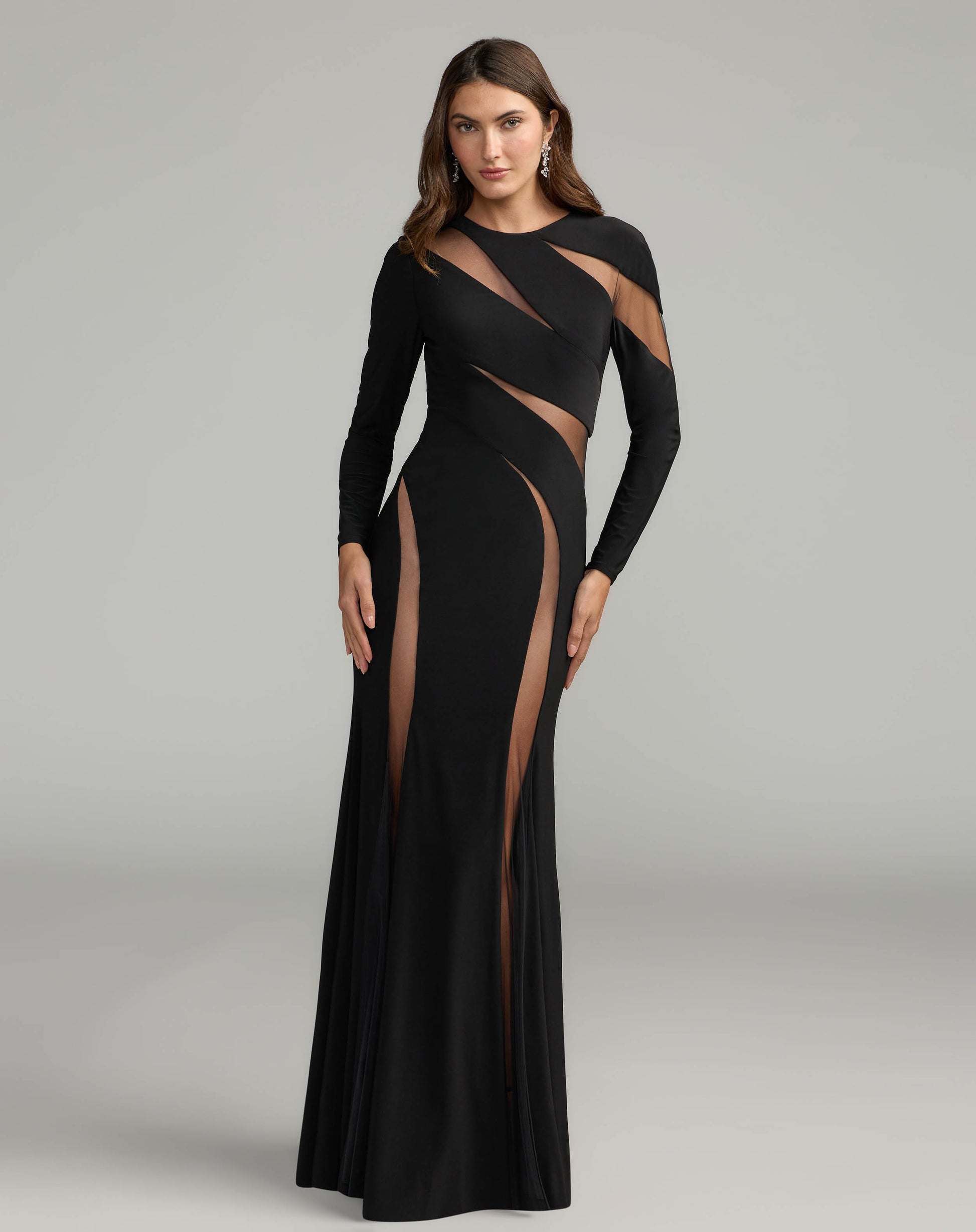 Black Jersey Long Sleeve Illusion Cut Out Gown - Ieena for Mac Duggal