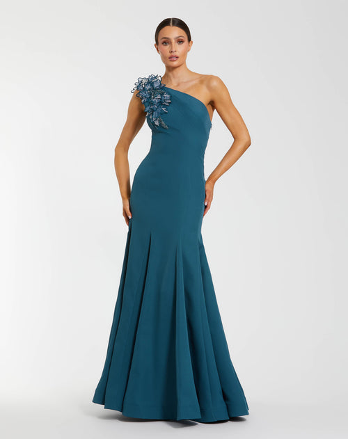 Blue Crepe One Shoulder Evening Gown With 3D Flower Details - Mac Duggal