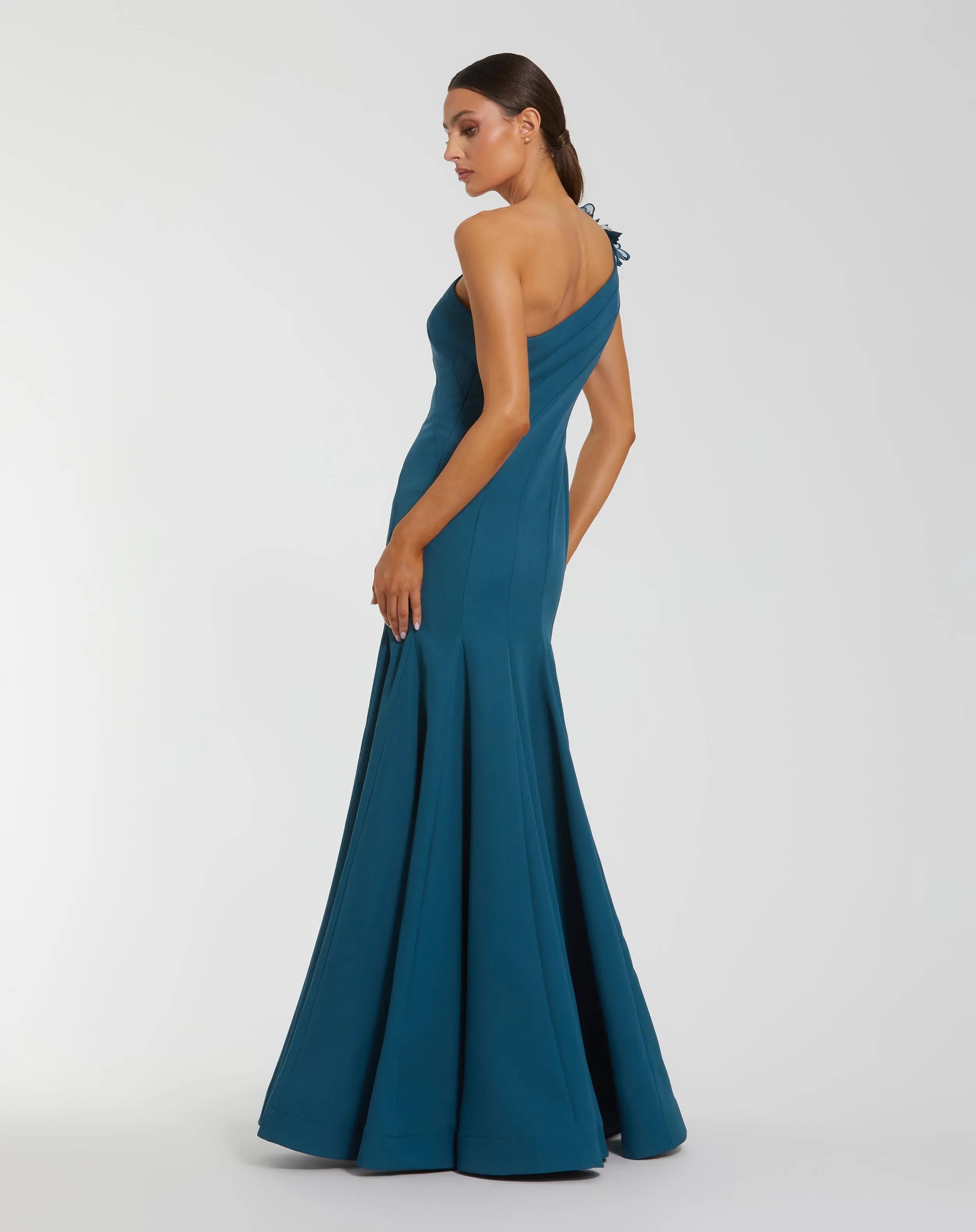 Blue Crepe One Shoulder Evening Gown With 3D Flower Details - Mac Duggal