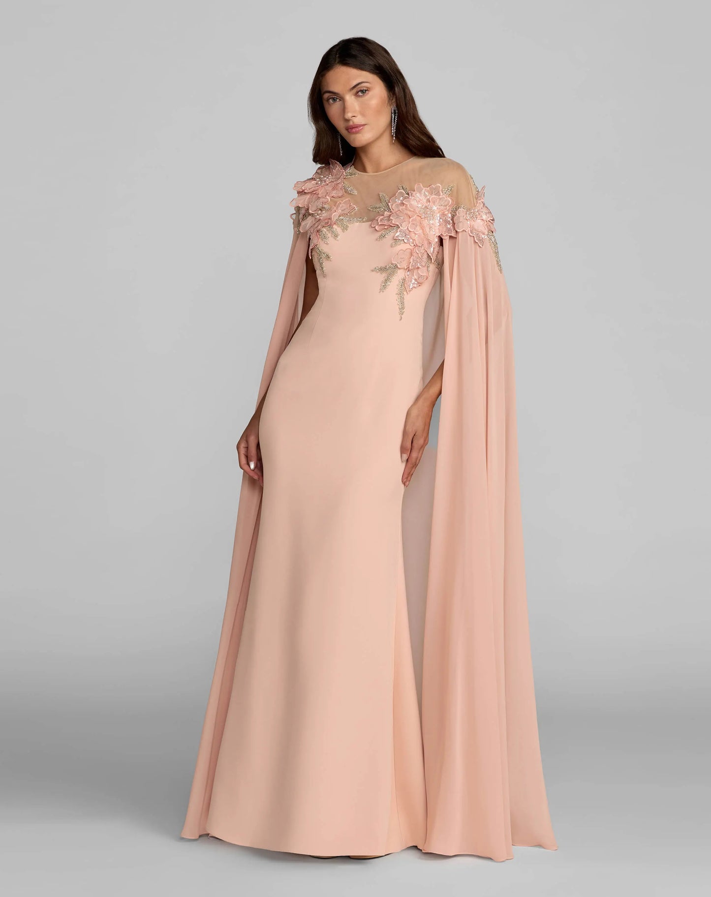 Pink Embellished Crepe Gown With Chiffon Cape - Mac Duggal