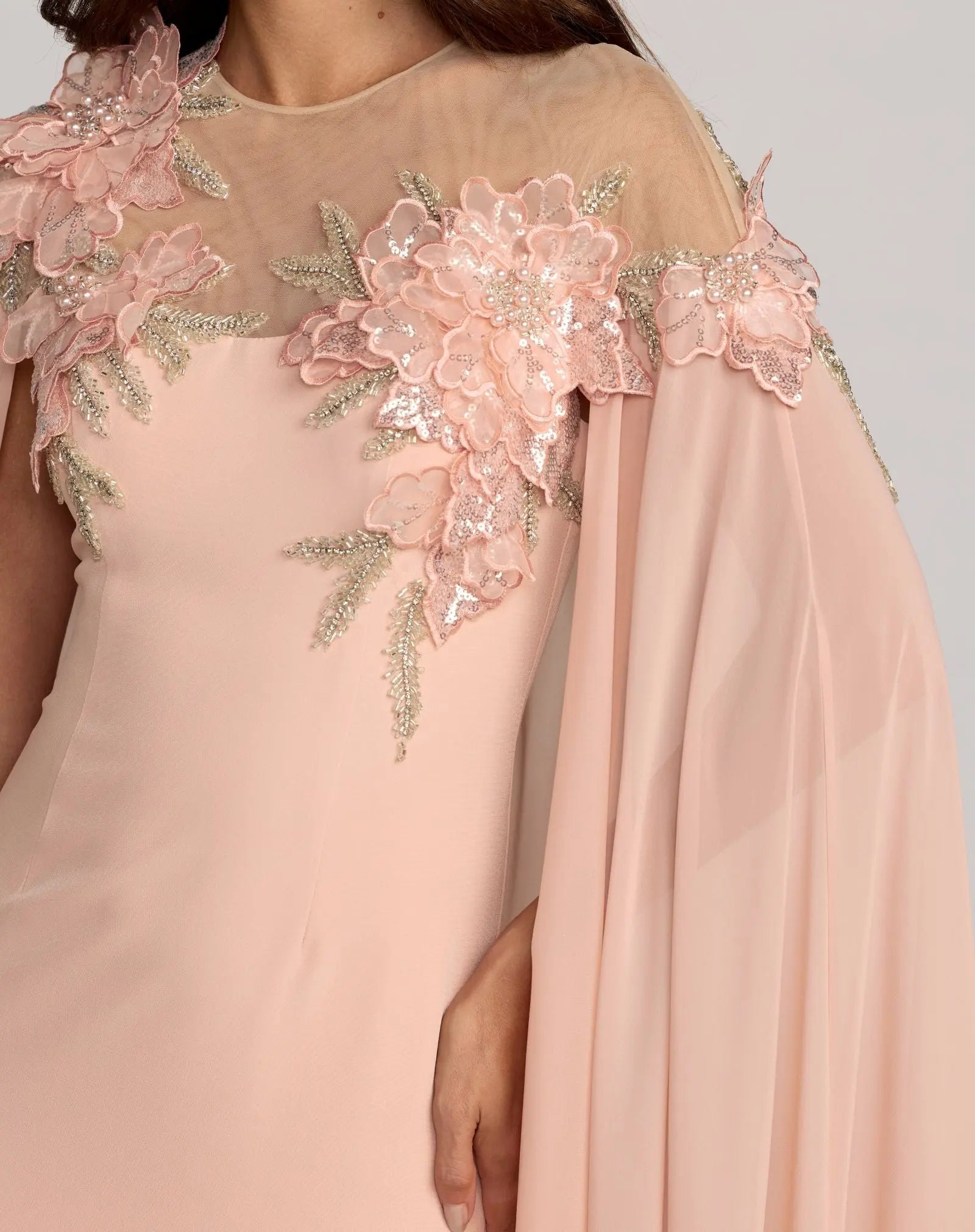 Pink Embellished Crepe Gown With Chiffon Cape - Mac Duggal