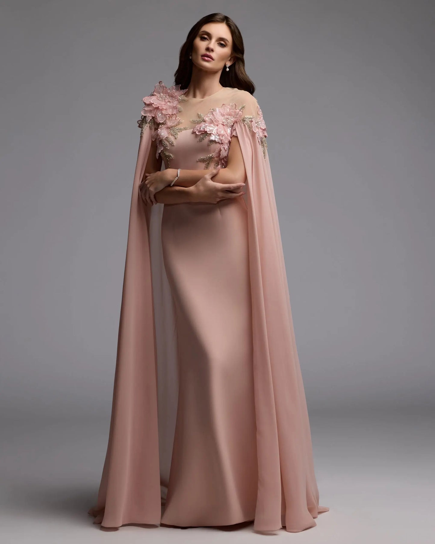 Pink Embellished Crepe Gown With Chiffon Cape - Mac Duggal