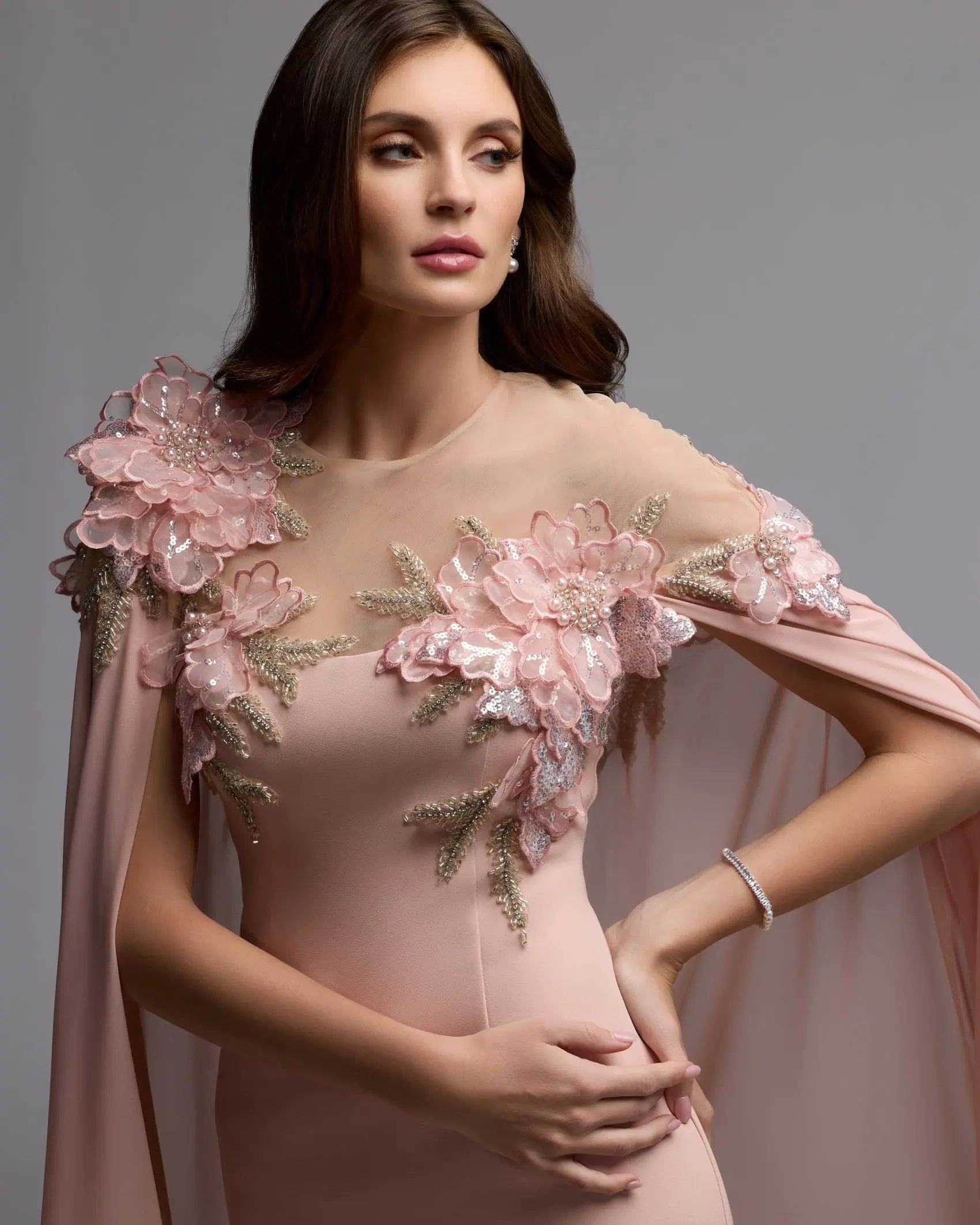 Pink Embellished Crepe Gown With Chiffon Cape - Mac Duggal