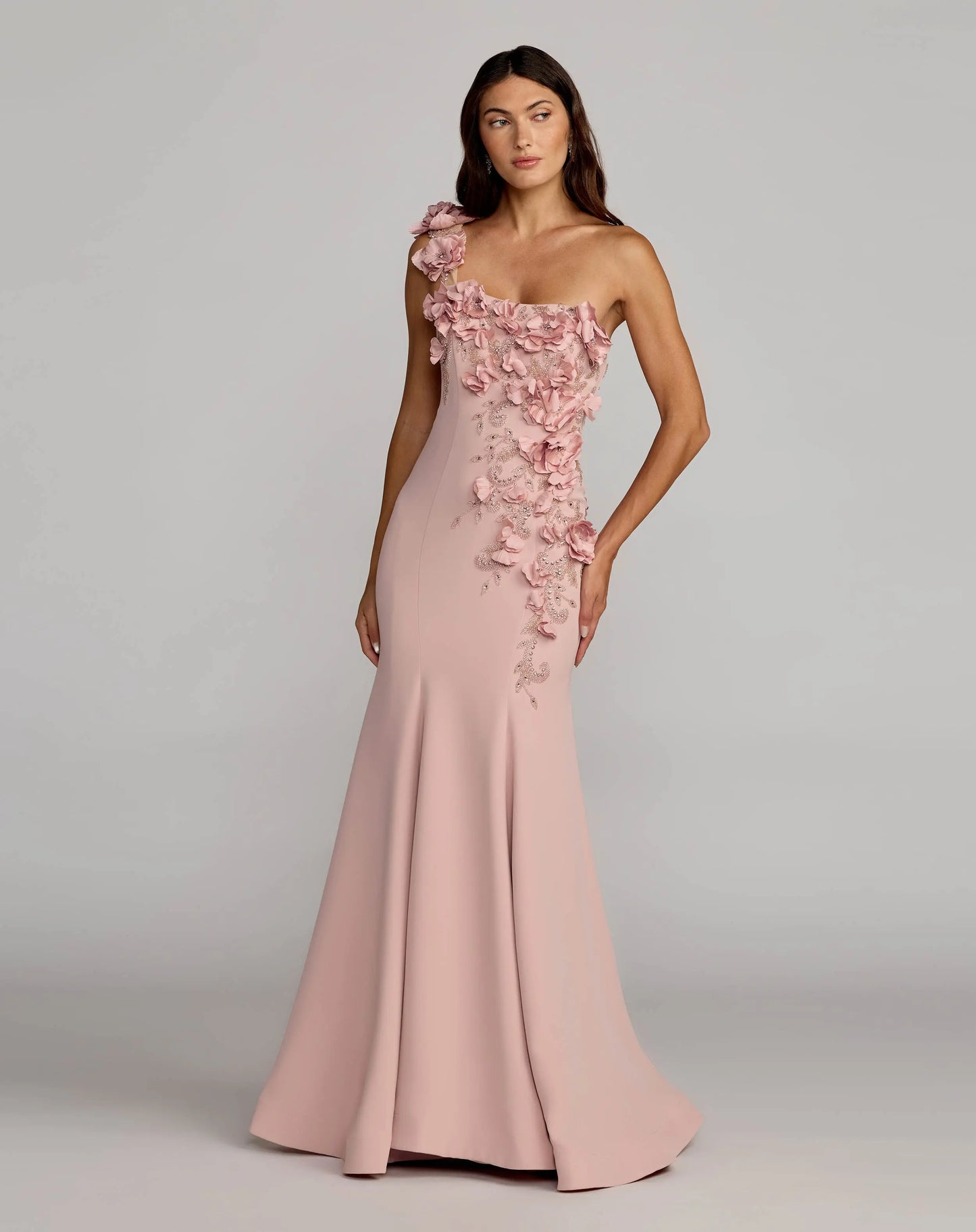 Pink One Shoulder Floral Embellished Mermaid Gown - Mac Duggal