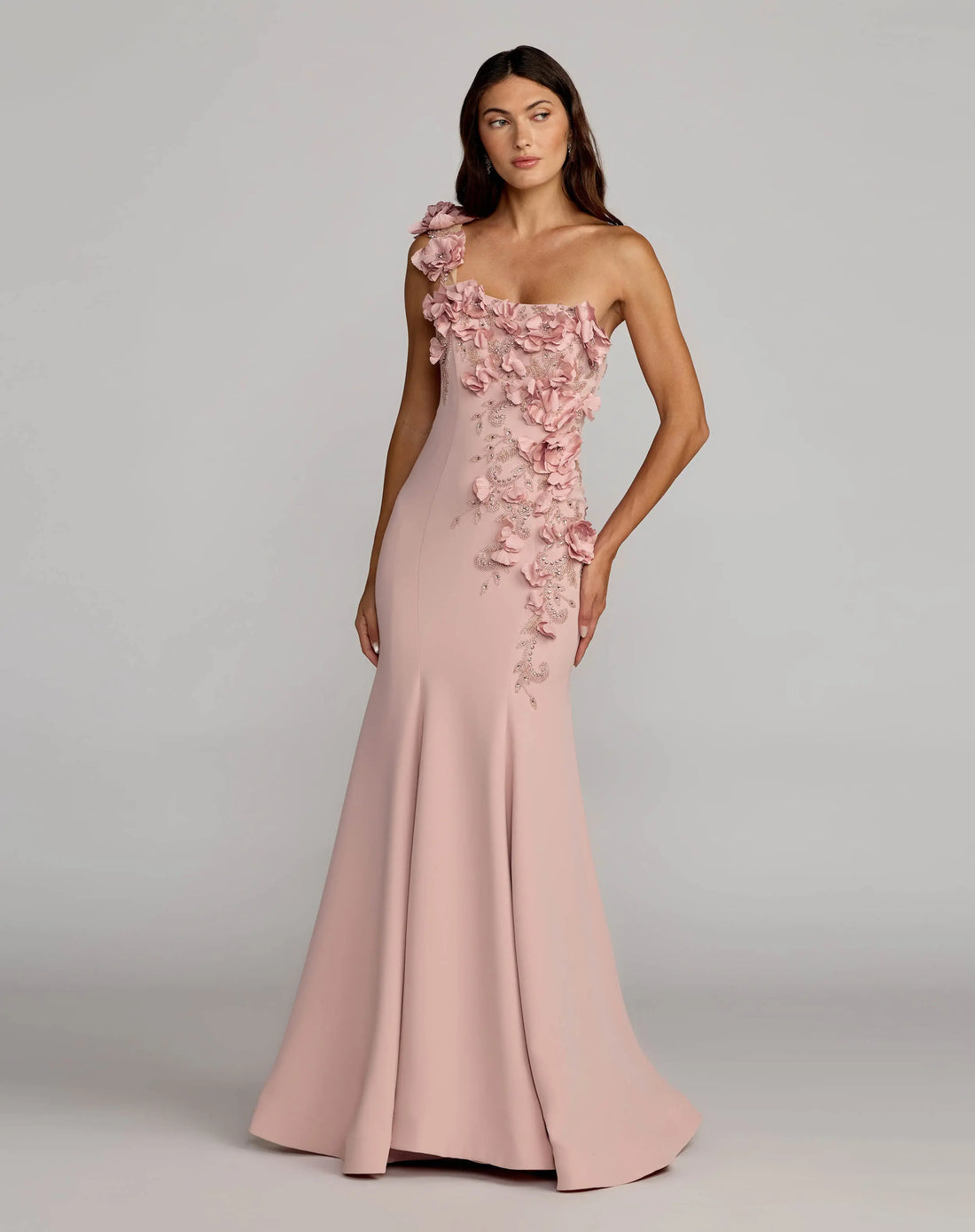Pink One Shoulder Floral Embellished Mermaid Gown - Mac Duggal