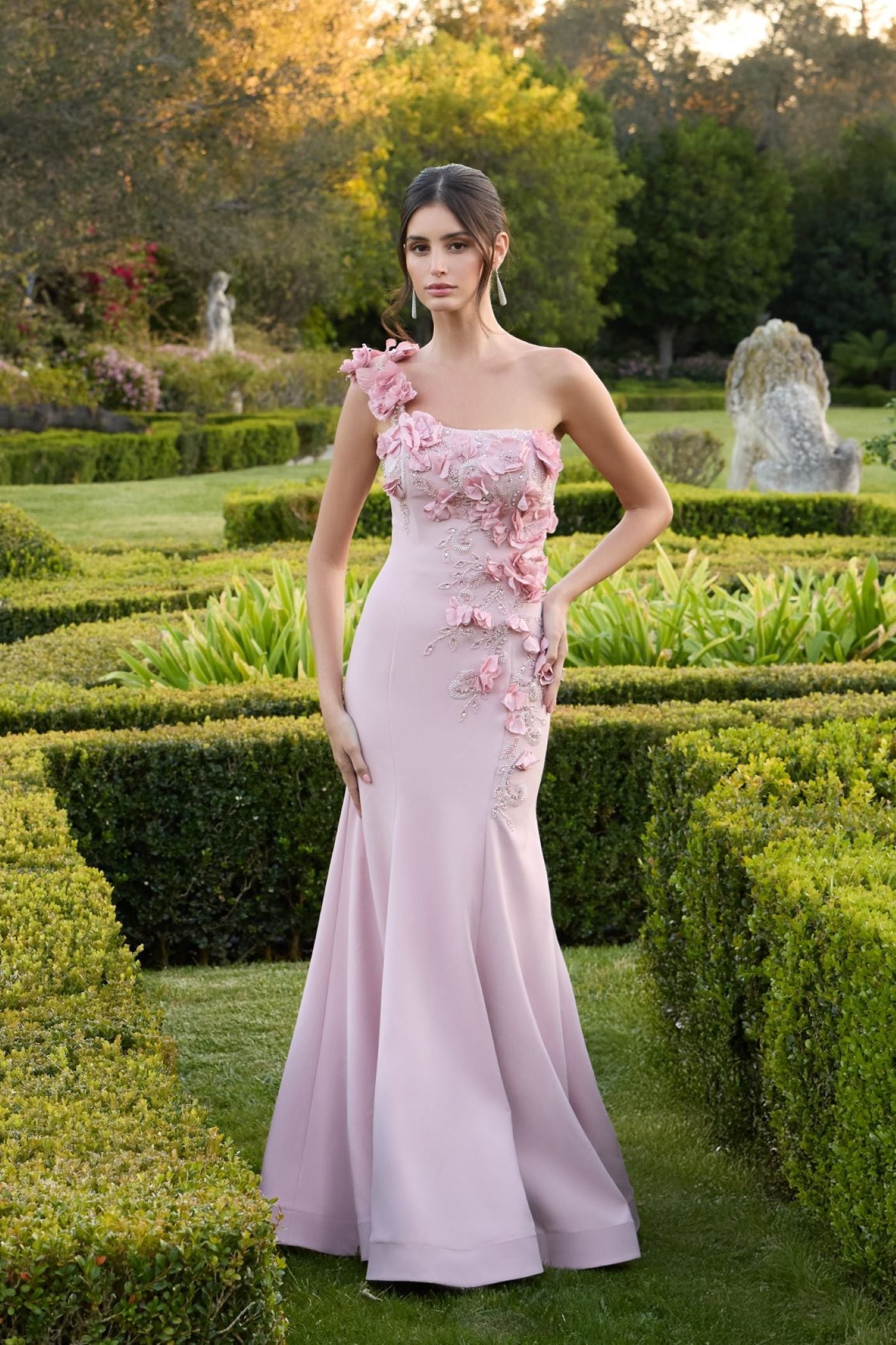 Pink One Shoulder Floral Embellished Mermaid Gown - Mac Duggal