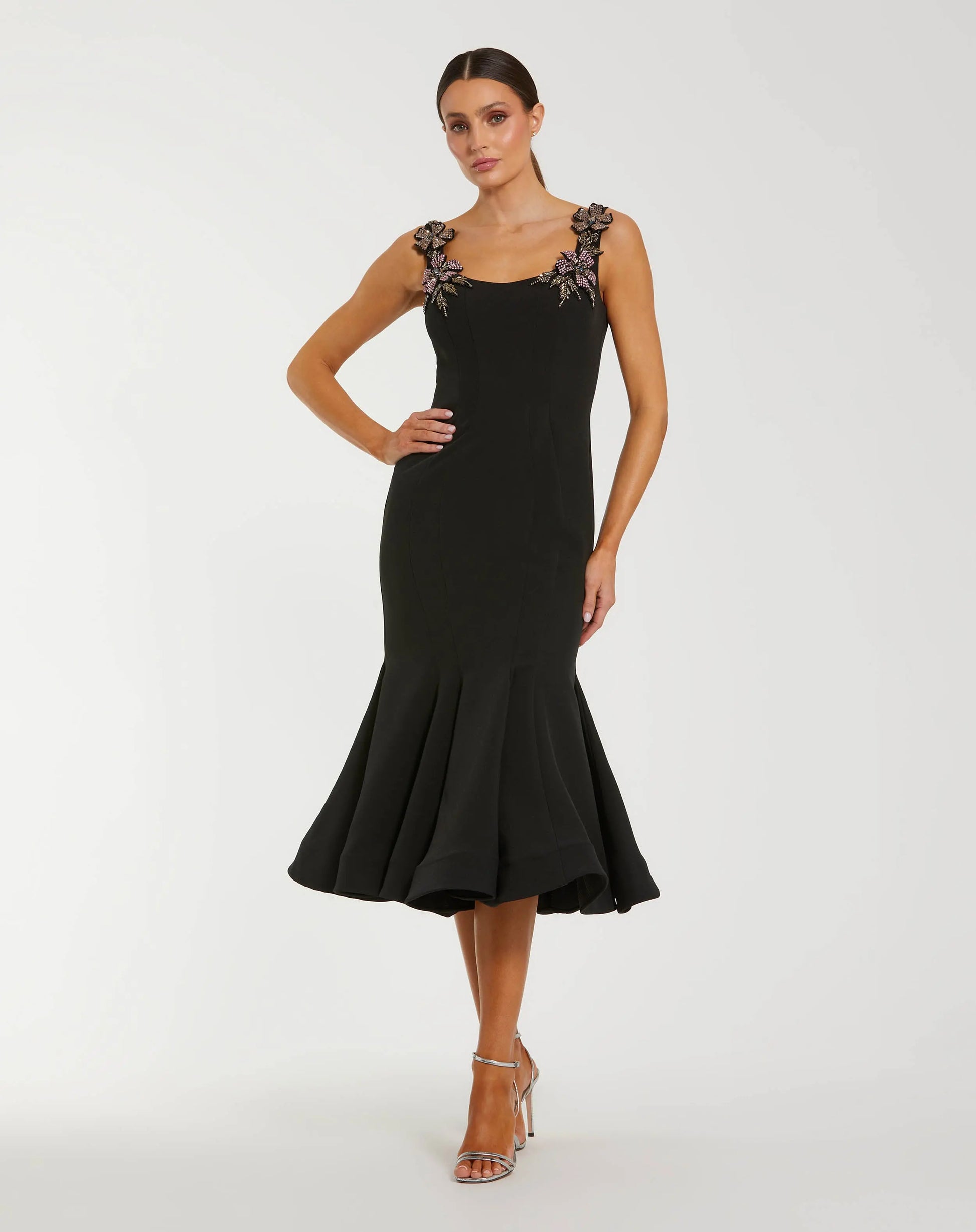 Black Sleeveless Midi Dress With Floral Embellishments | Mac Duggal Black Sleeveless Midi Dress With Floral Embellishments | Mac Duggal
