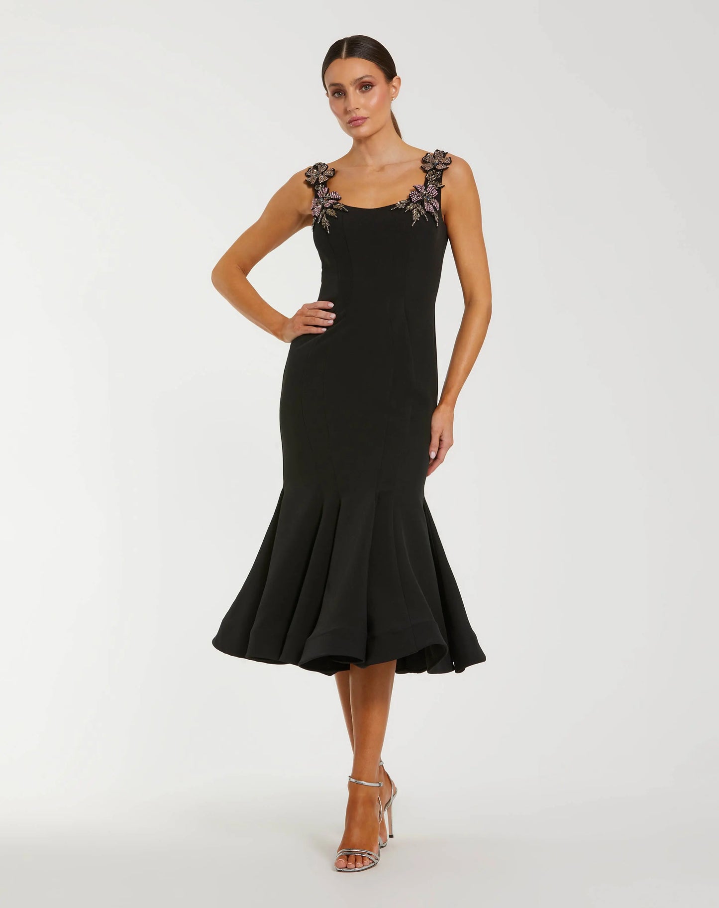 Black Sleeveless Midi Dress With Floral Embellishments Mac Duggal