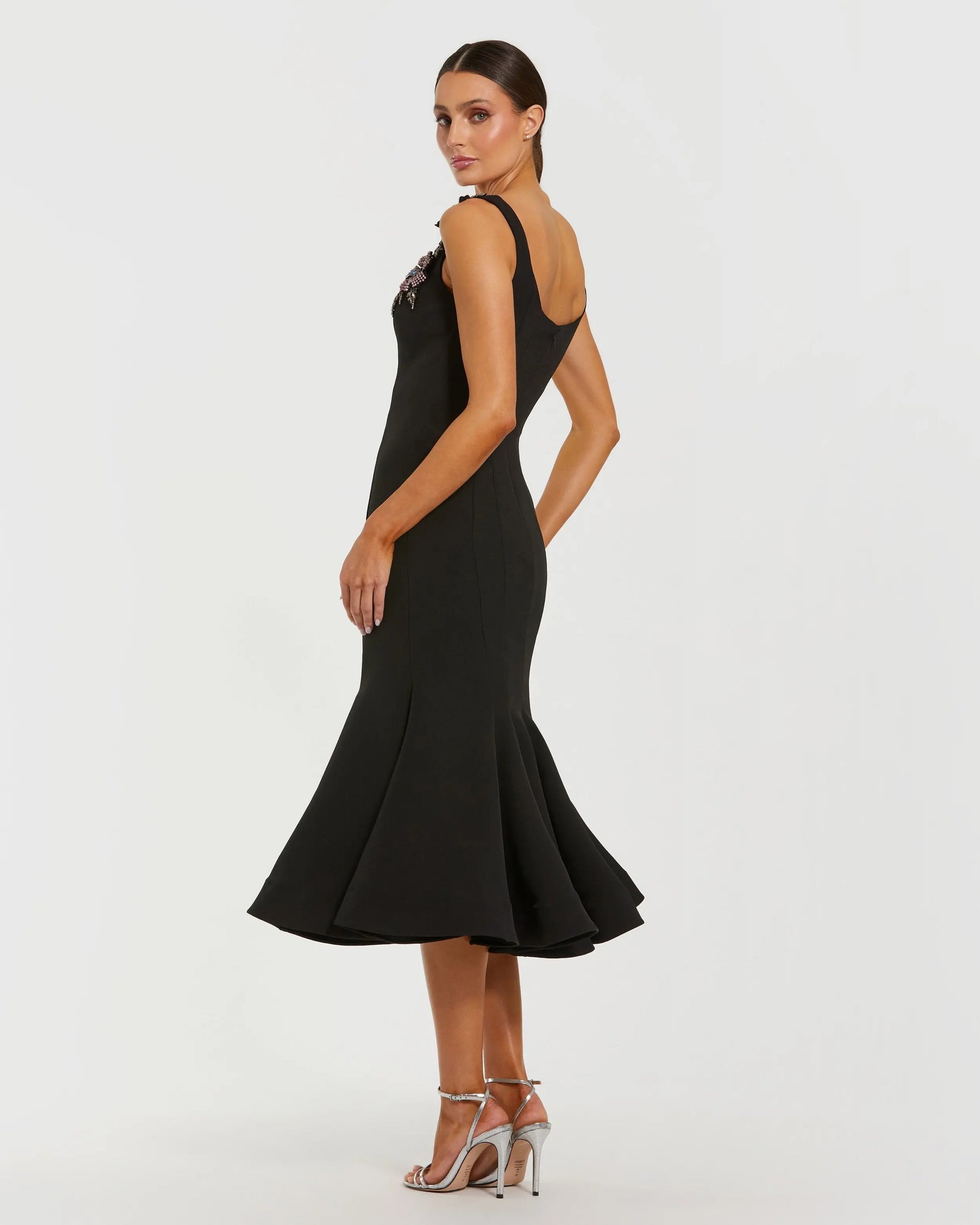 Black Sleeveless Midi Dress With Floral Embellishments | Mac Duggal Black Sleeveless Midi Dress With Floral Embellishments | Mac Duggal