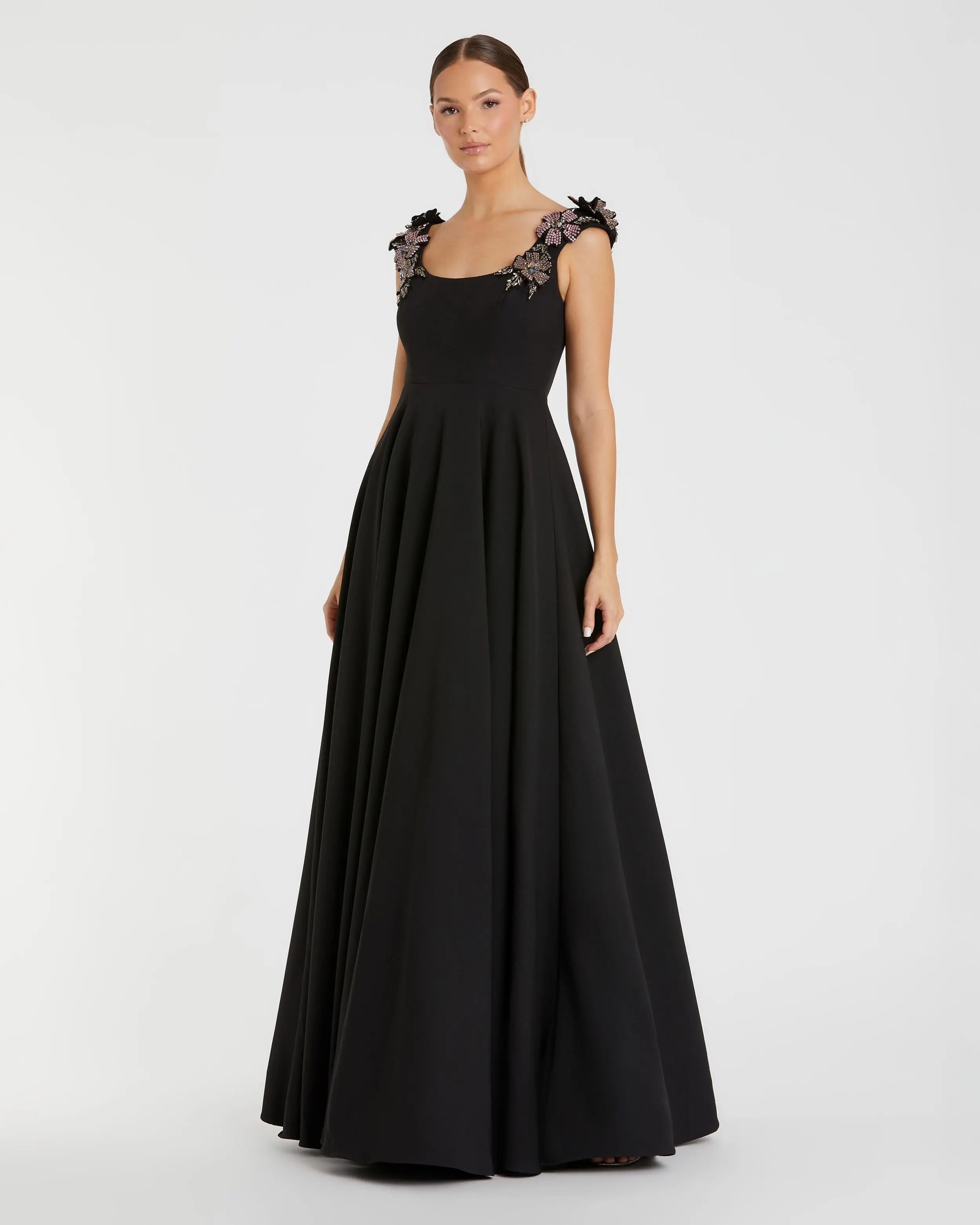 Black Crepe Sleeveless Ballgown With Rhinestone Flowers - Ieena for Mac Duggal