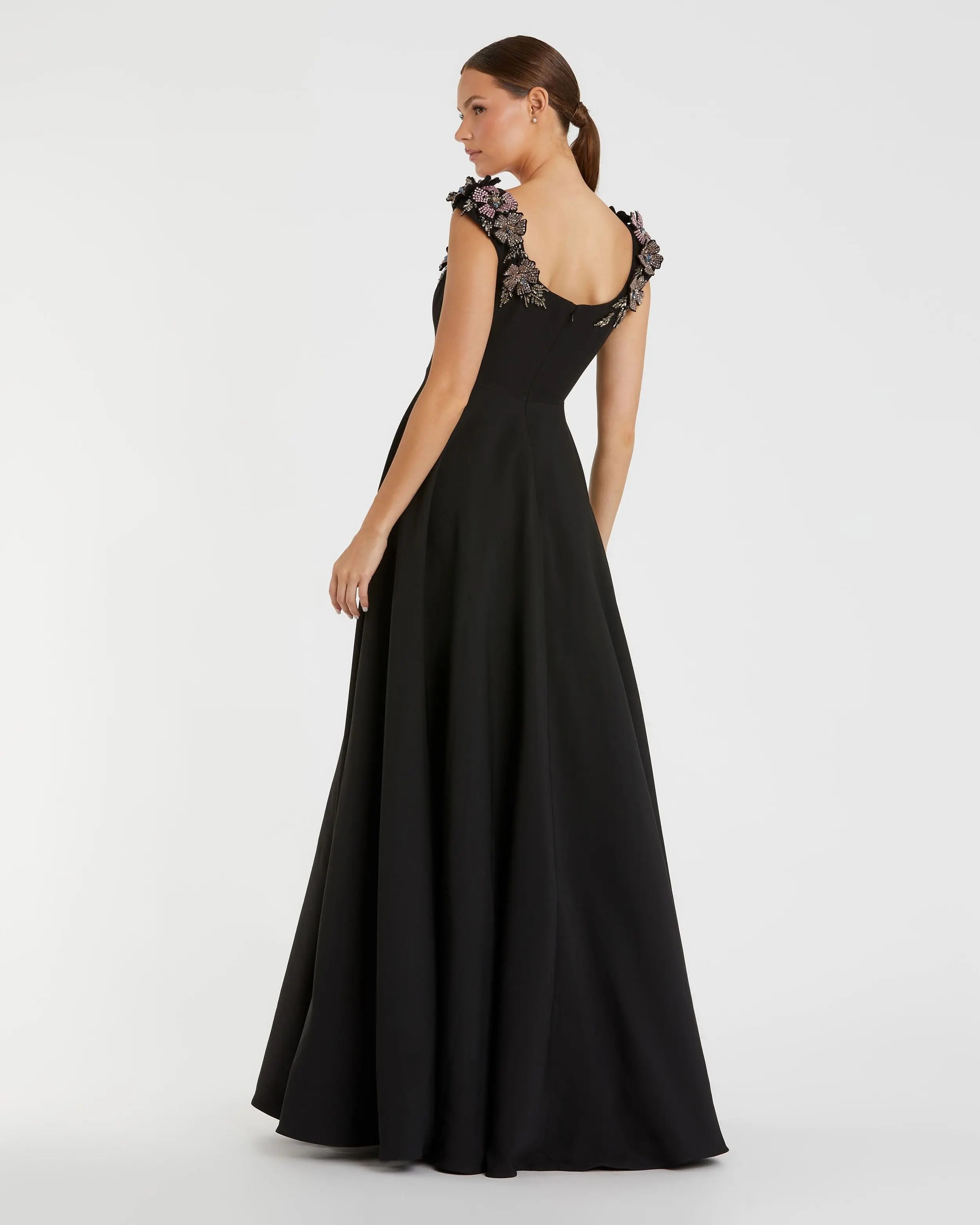 Black Crepe Sleeveless Ballgown With Rhinestone Flowers - Ieena for Mac Duggal