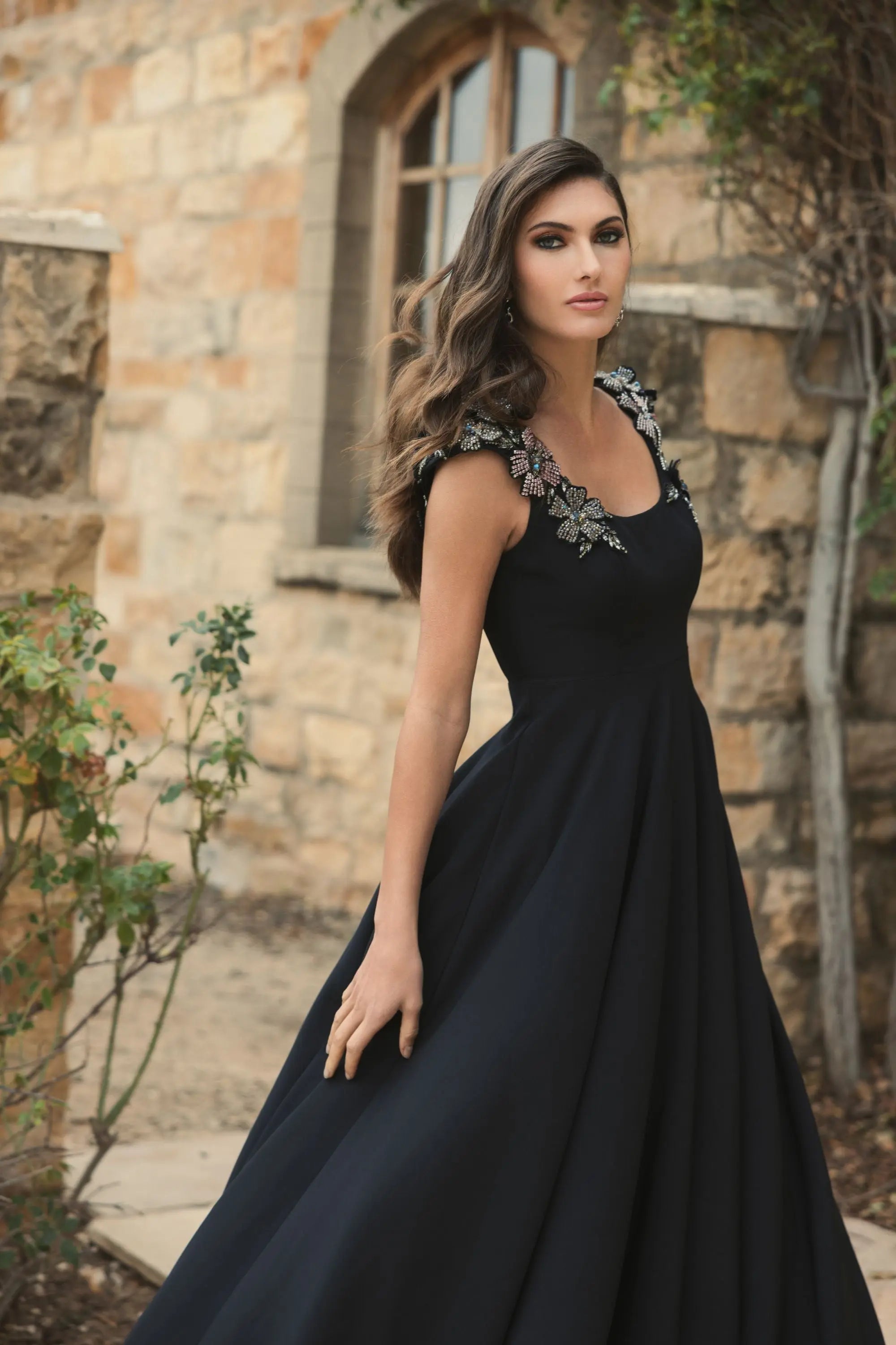 Black Crepe Sleeveless Ballgown With Rhinestone Flowers - Ieena for Mac Duggal