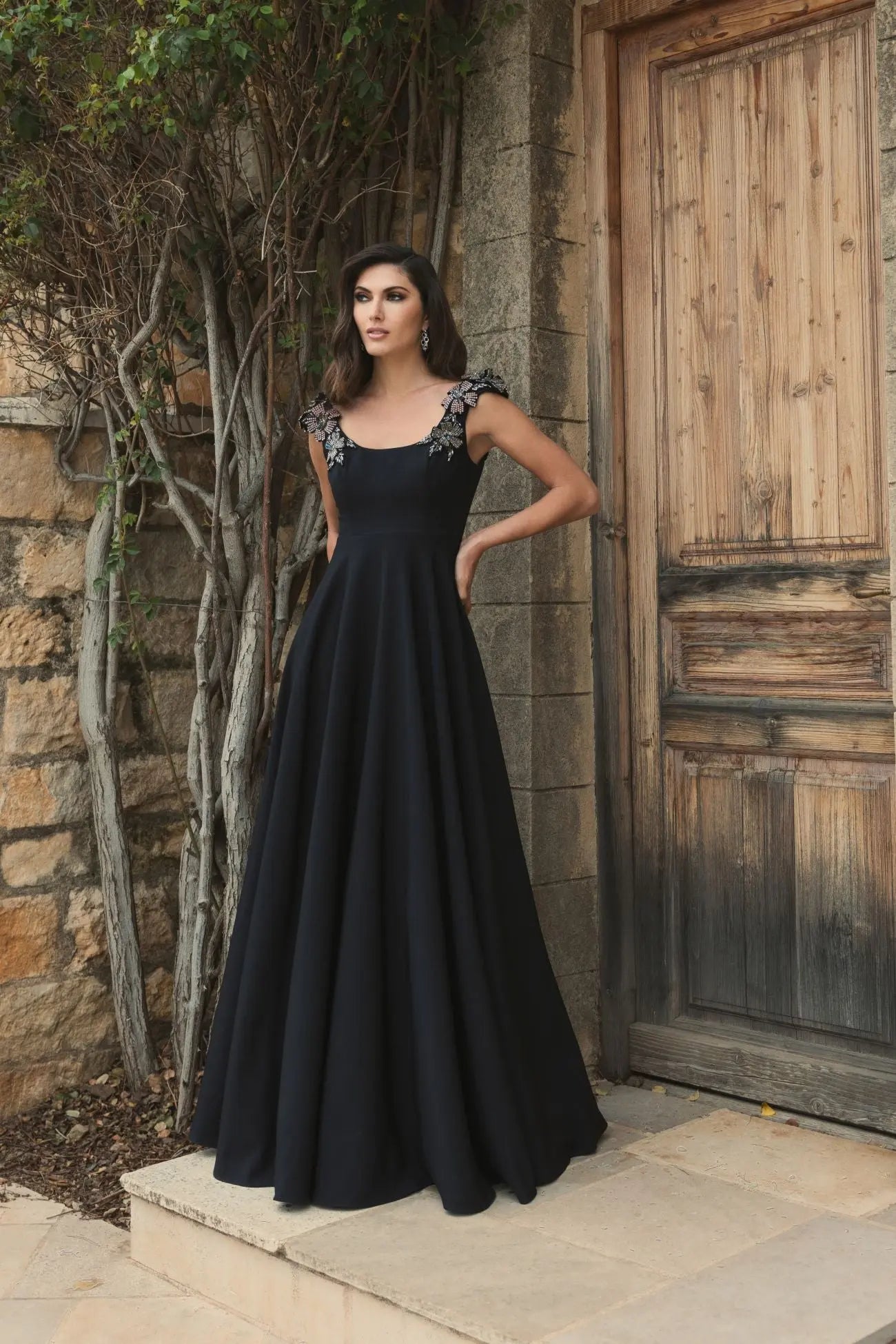 Black Crepe Sleeveless Ballgown With Rhinestone Flowers - Ieena for Mac Duggal