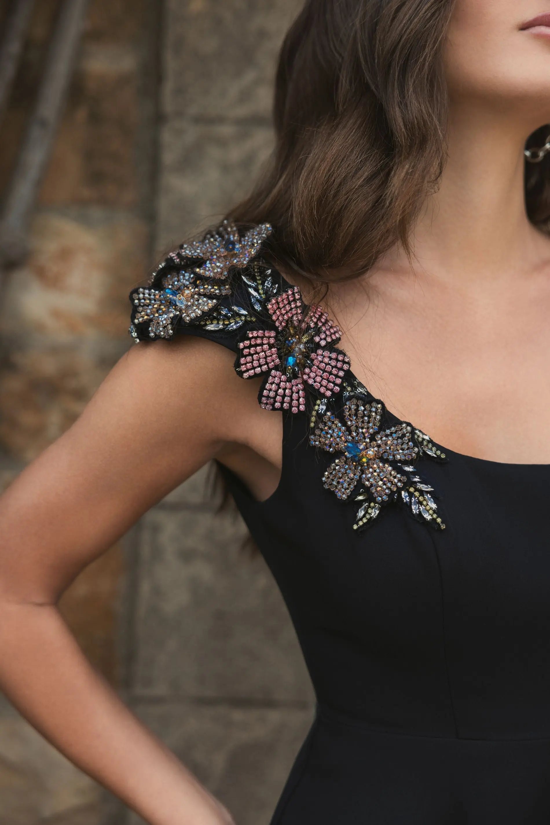 Black Crepe Sleeveless Ballgown With Rhinestone Flowers - Ieena for Mac Duggal