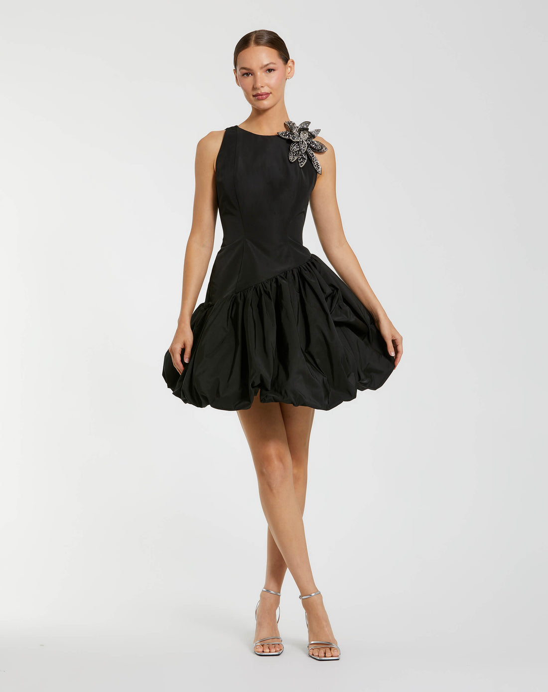 Black Bubble Hem Mini Dress with Hand Beaded Flower