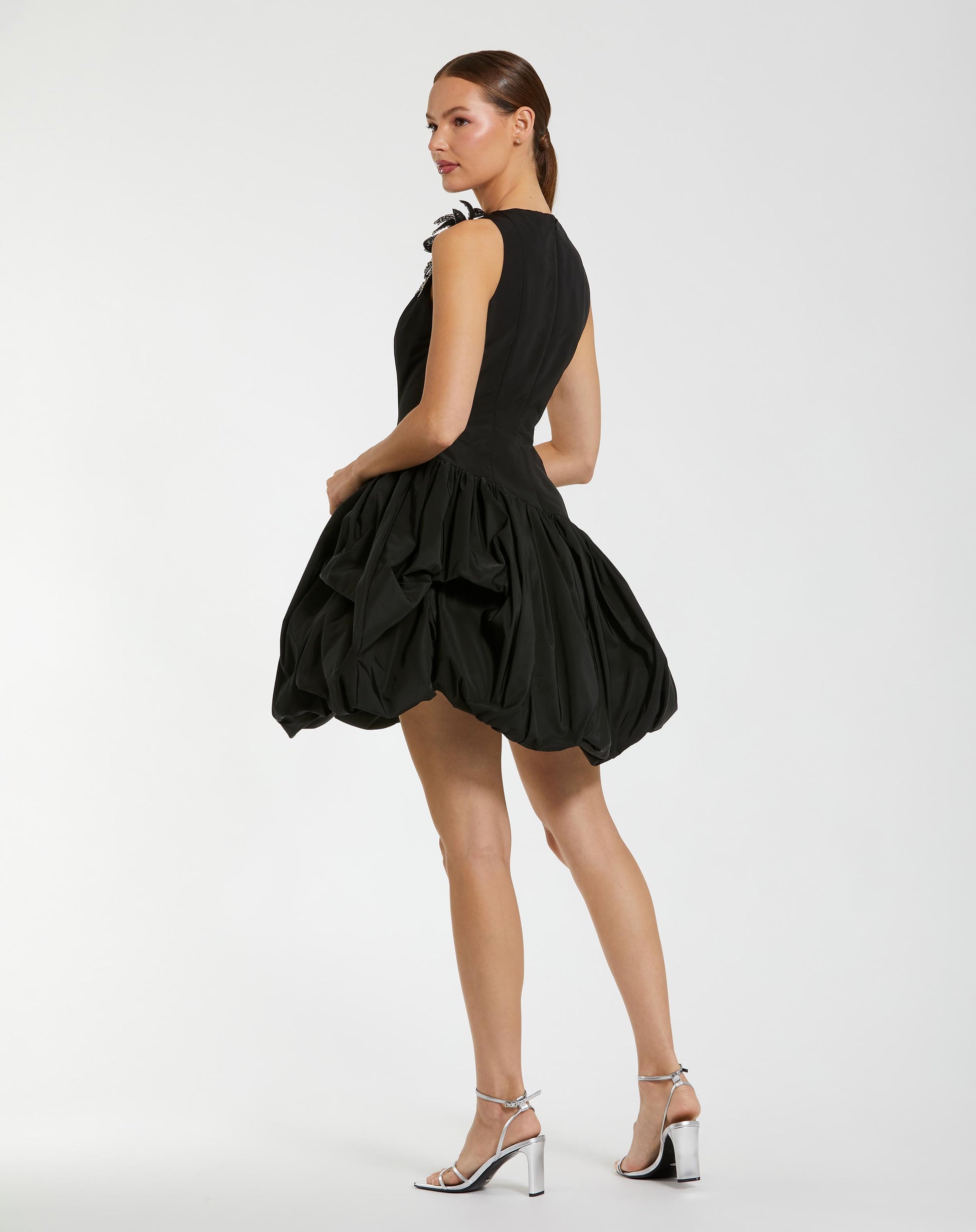 Black Bubble Hem Mini Dress with Hand Beaded Flower - Ieena for Mac Duggal
