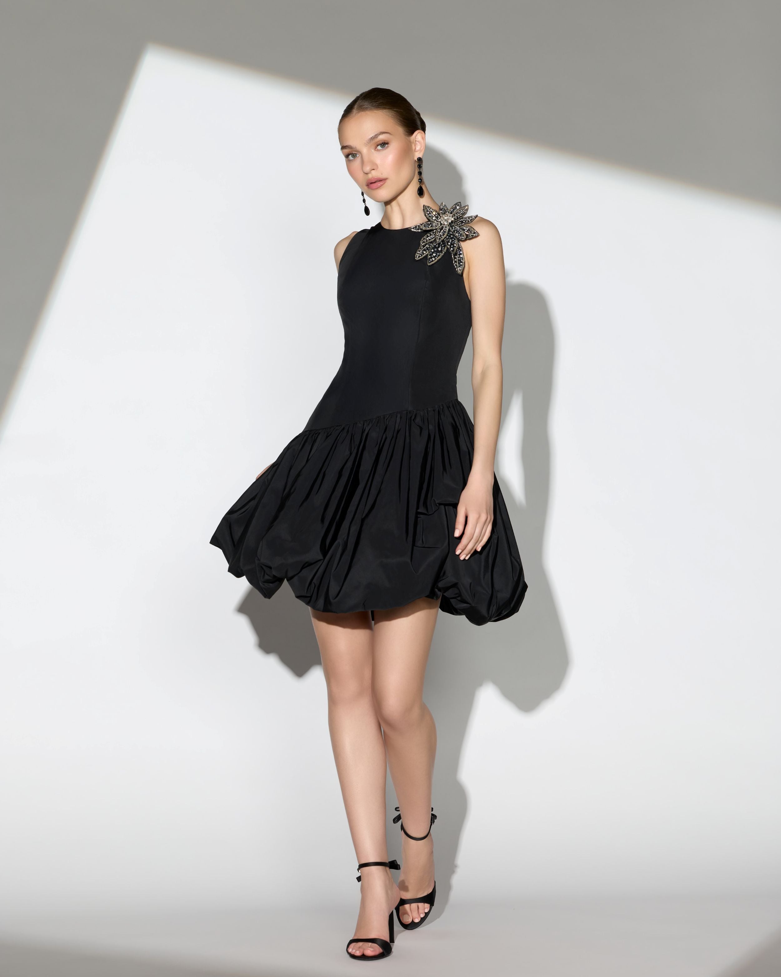 Black Bubble Hem Mini Dress with Hand Beaded Flower - Ieena for Mac Duggal
