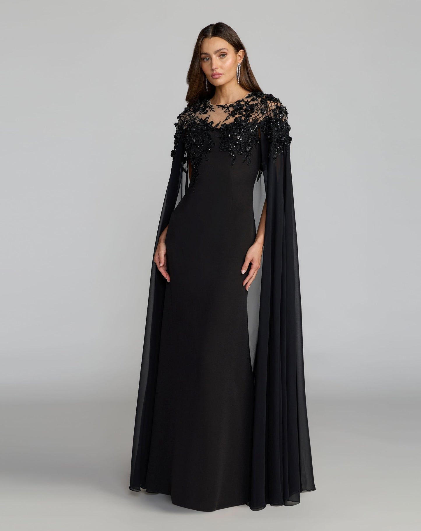 Black Floral Embellished Crepe Gown With Chiffon Cape - Mac Duggal