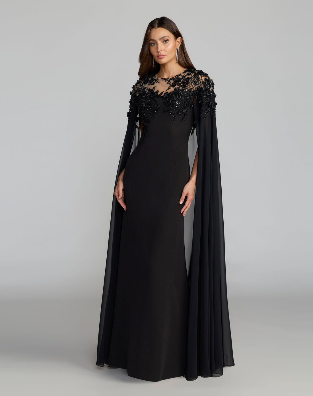 Black Floral Embellished Crepe Gown With Chiffon Cape - Mac Duggal