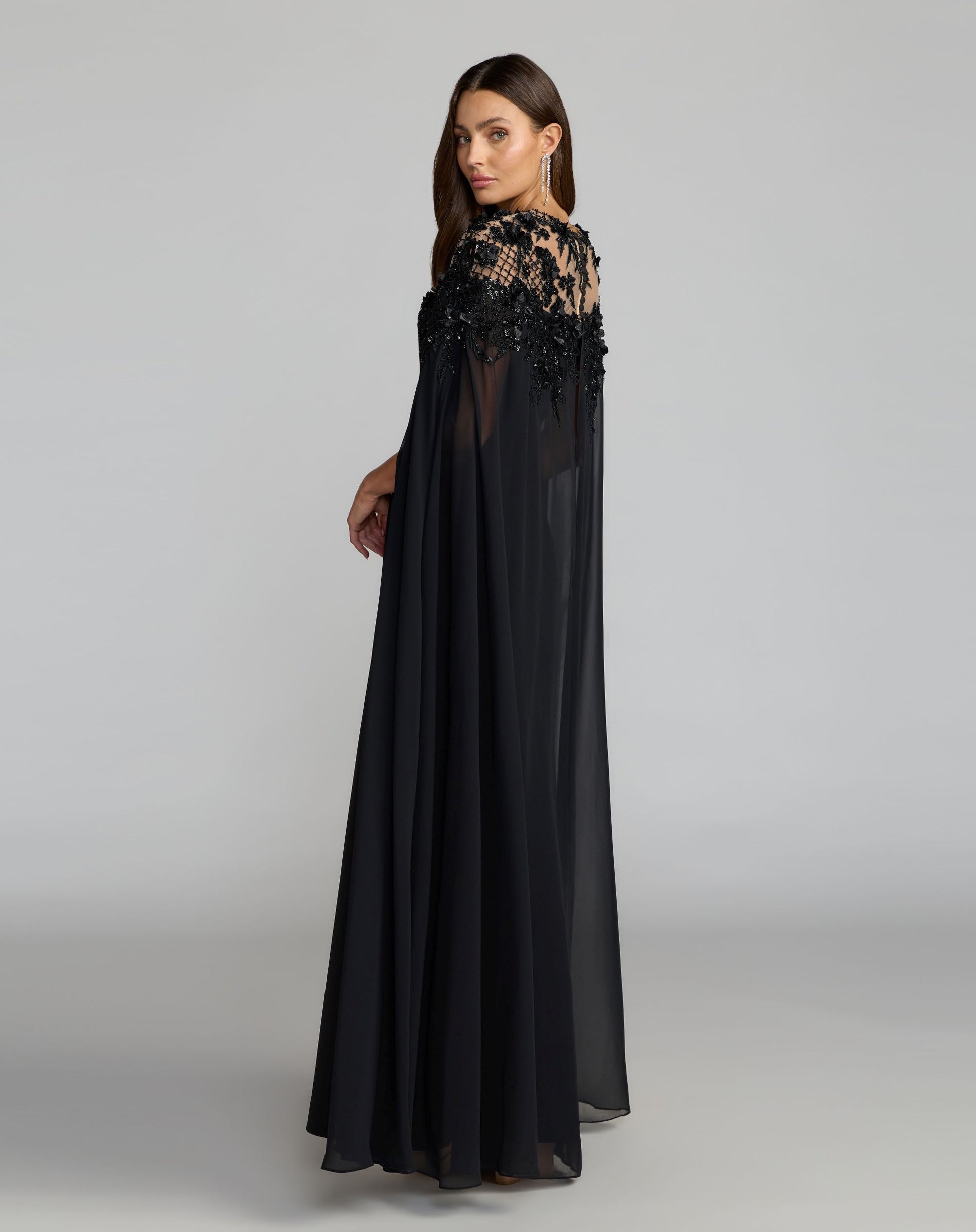 Black Floral Embellished Crepe Gown With Chiffon Cape - Mac Duggal