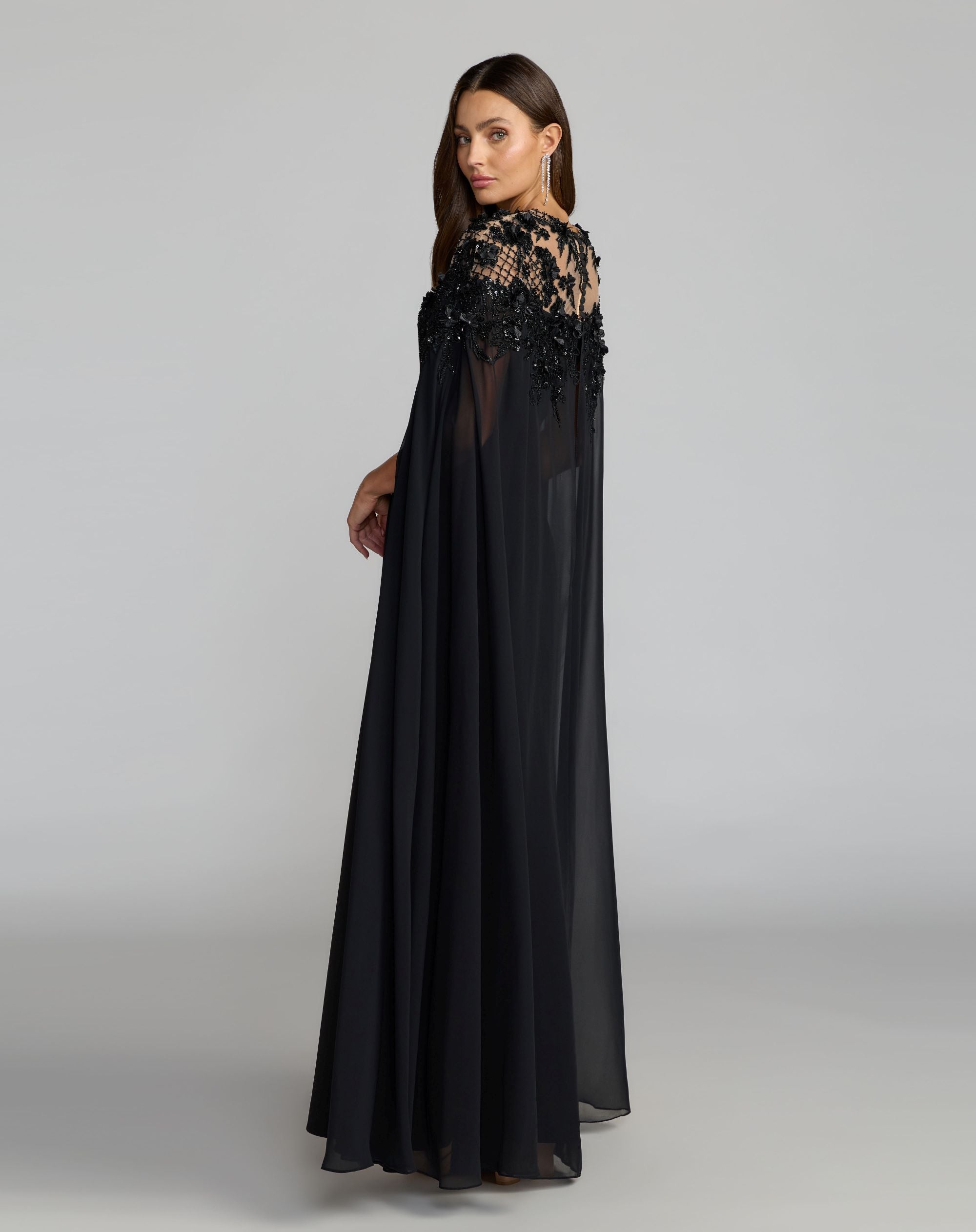 Black Floral Embellished Crepe Gown With Chiffon Cape - Mac Duggal