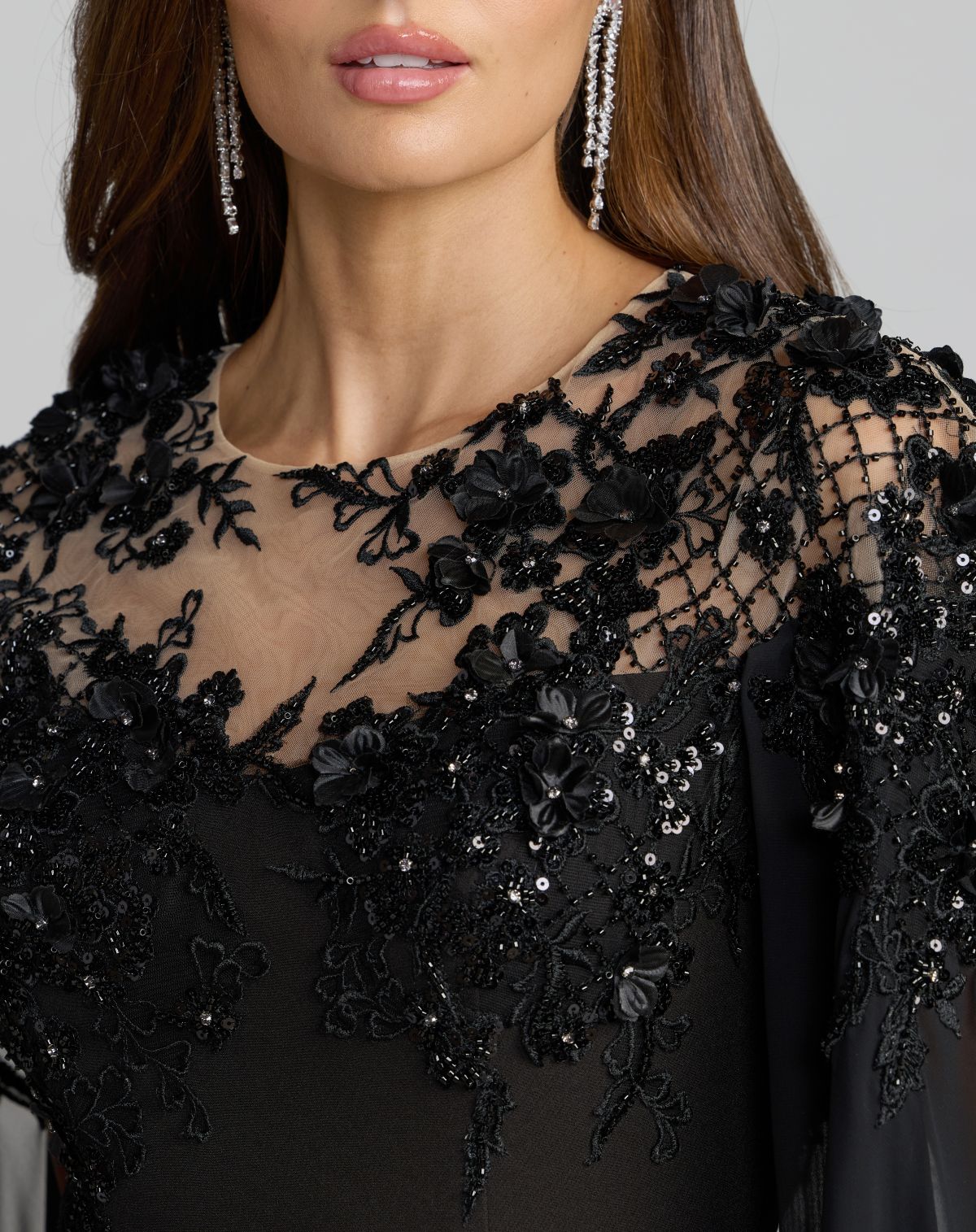 Black Floral Embellished Crepe Gown With Chiffon Cape - Mac Duggal