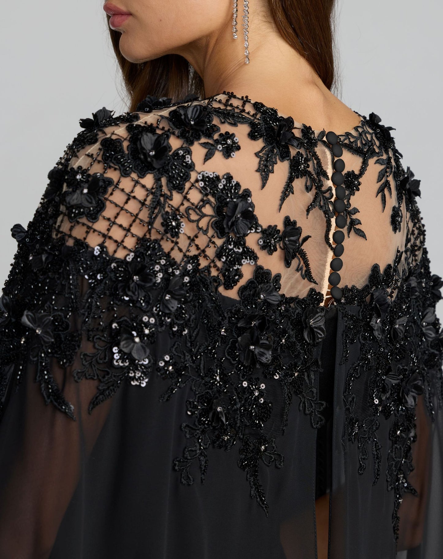 Black Floral Embellished Crepe Gown With Chiffon Cape - Mac Duggal