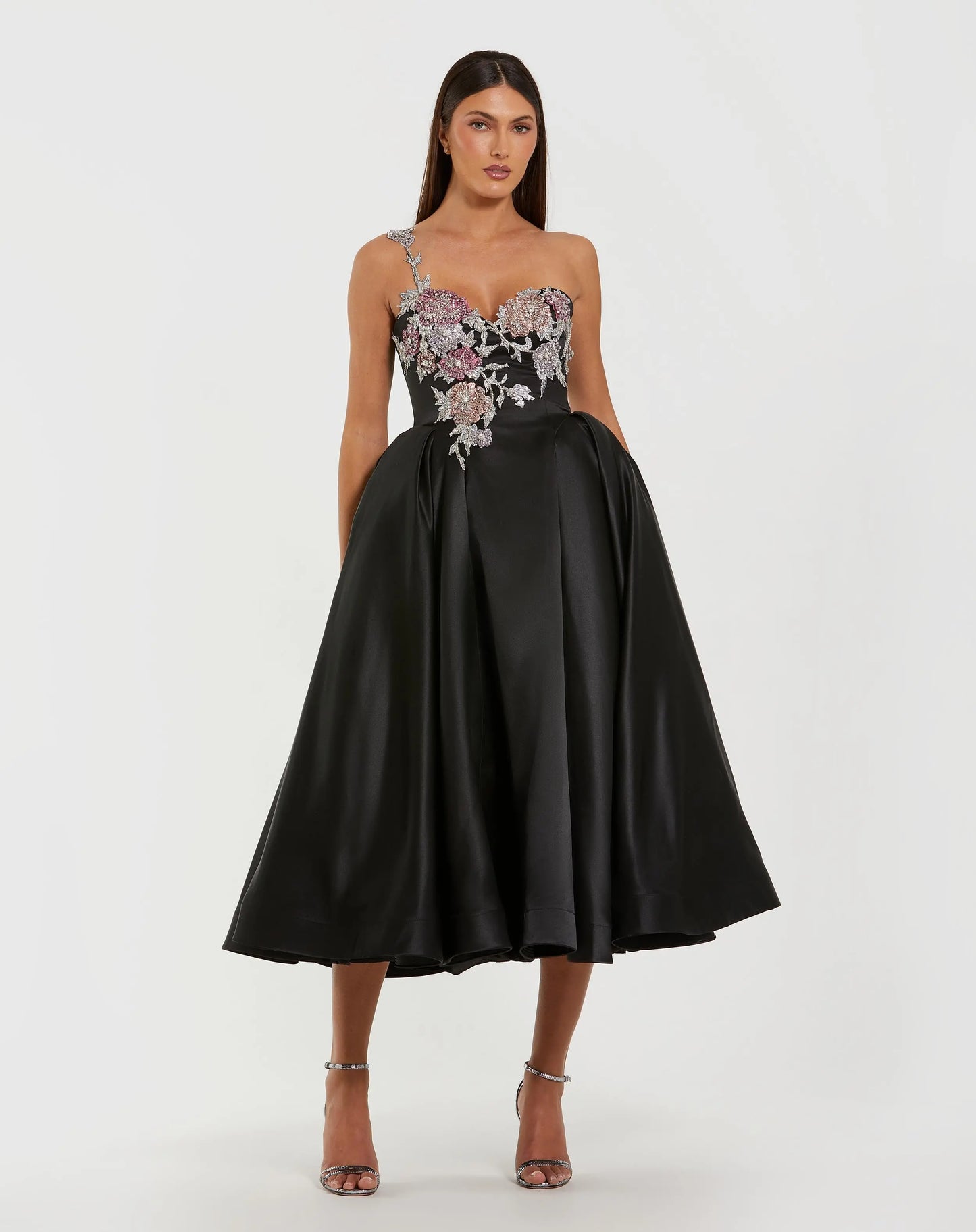 Black Satin One-Shoulder Midi Dress with Beaded Flowers