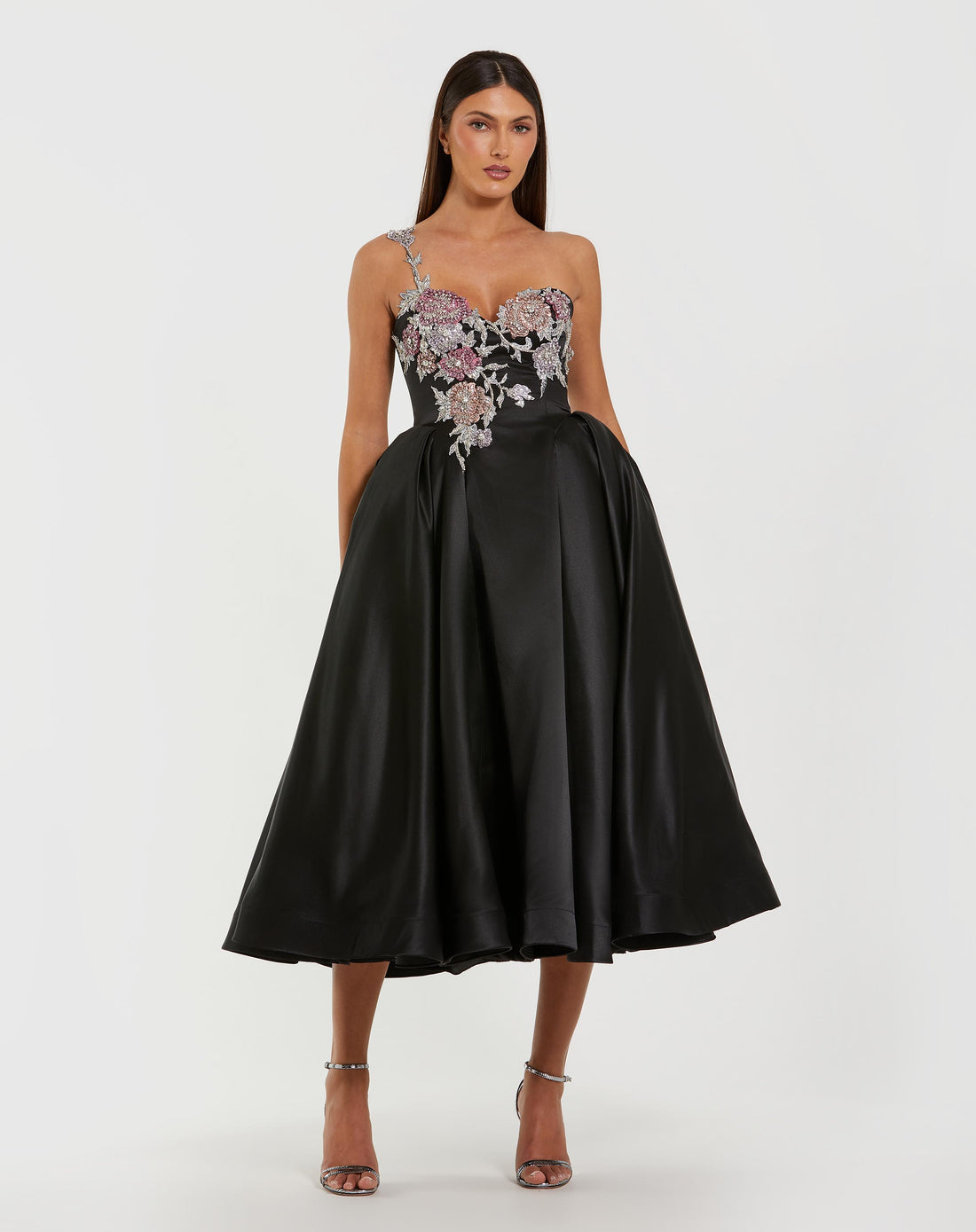 Black One Shoulder Satin Midi Dress With Beaded Flowers - Mac Duggal