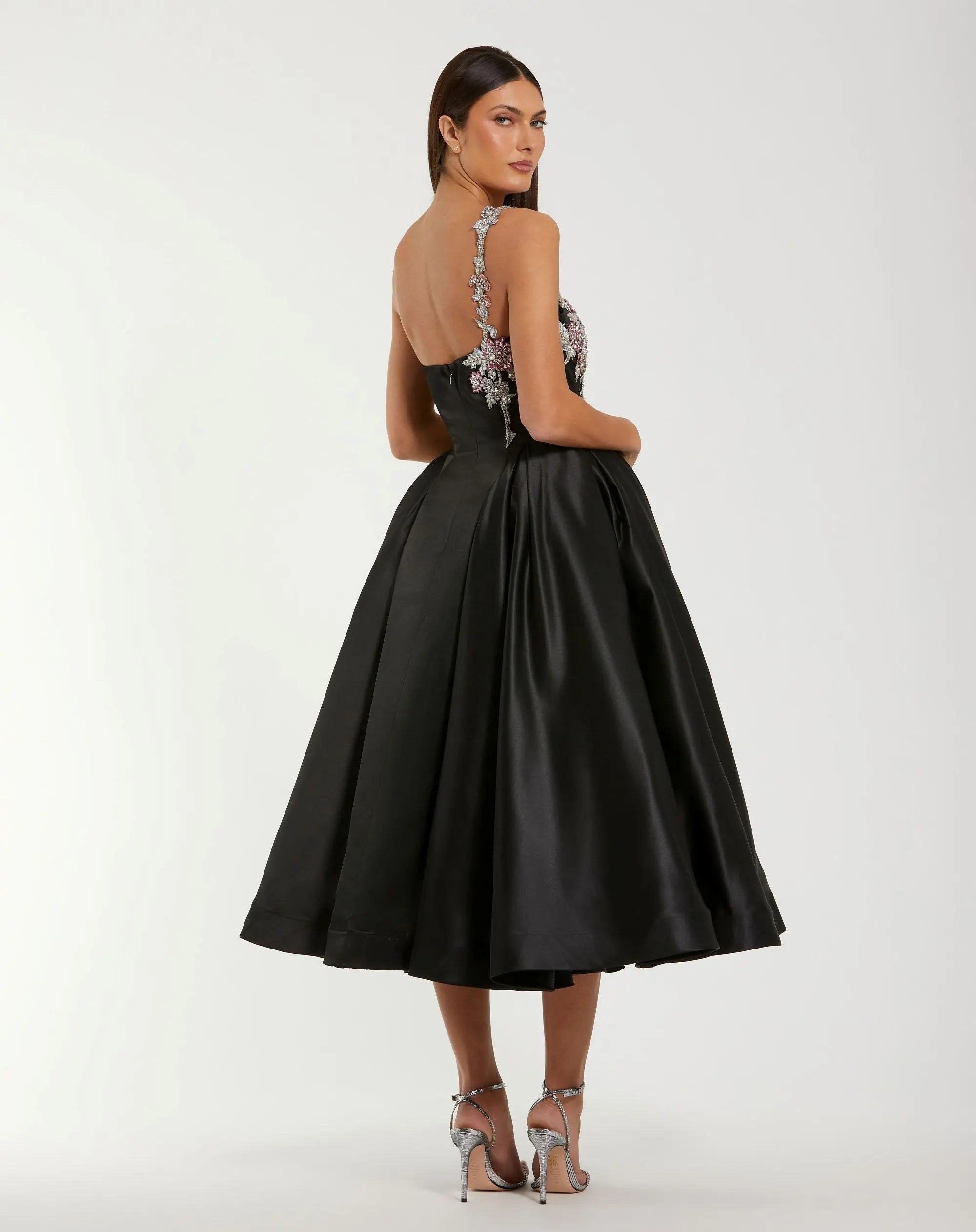 Black One Shoulder Satin Midi Dress With Beaded Flowers | Mac Duggal