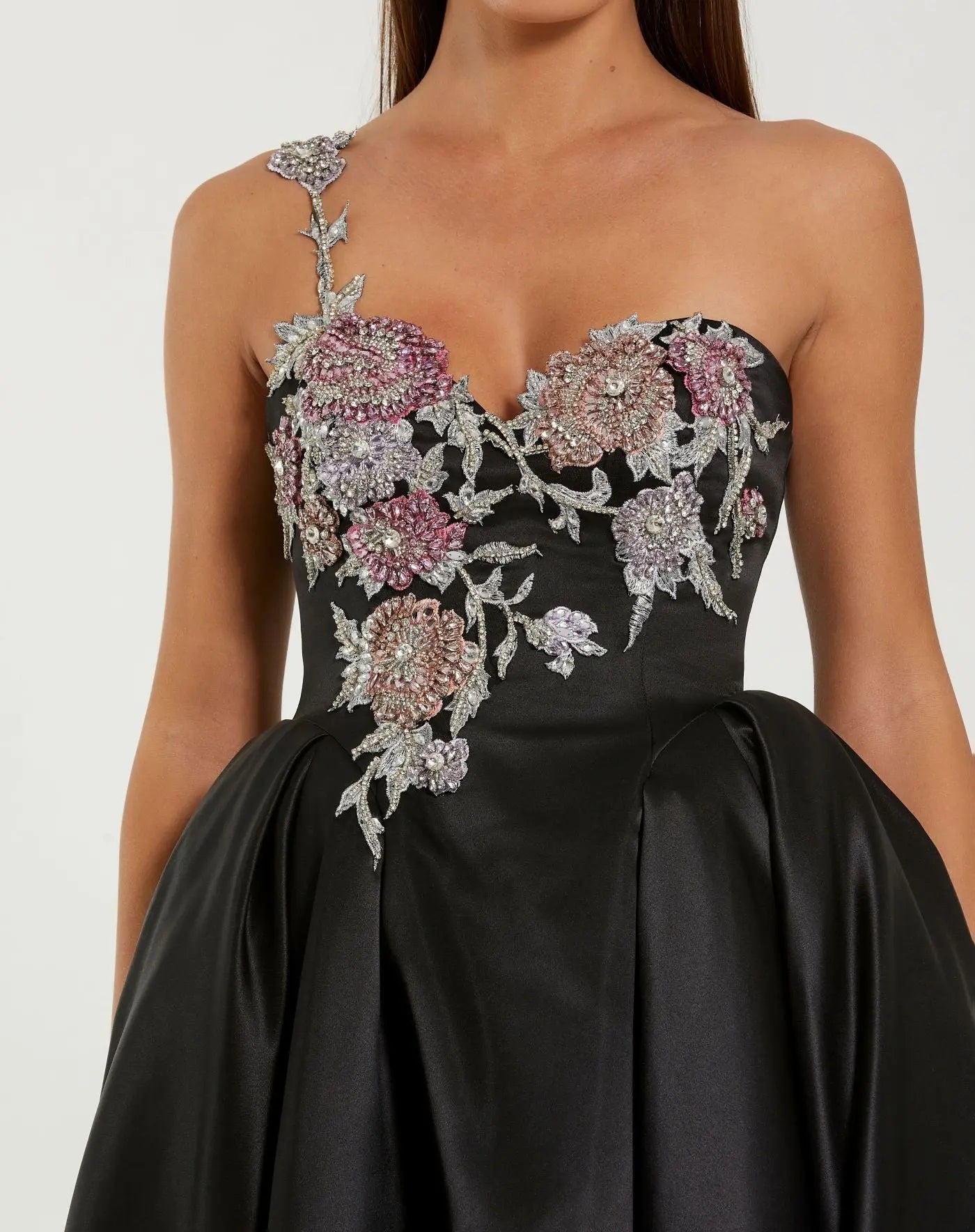 Black One Shoulder Satin Midi Dress With Beaded Flowers - Mac Duggal