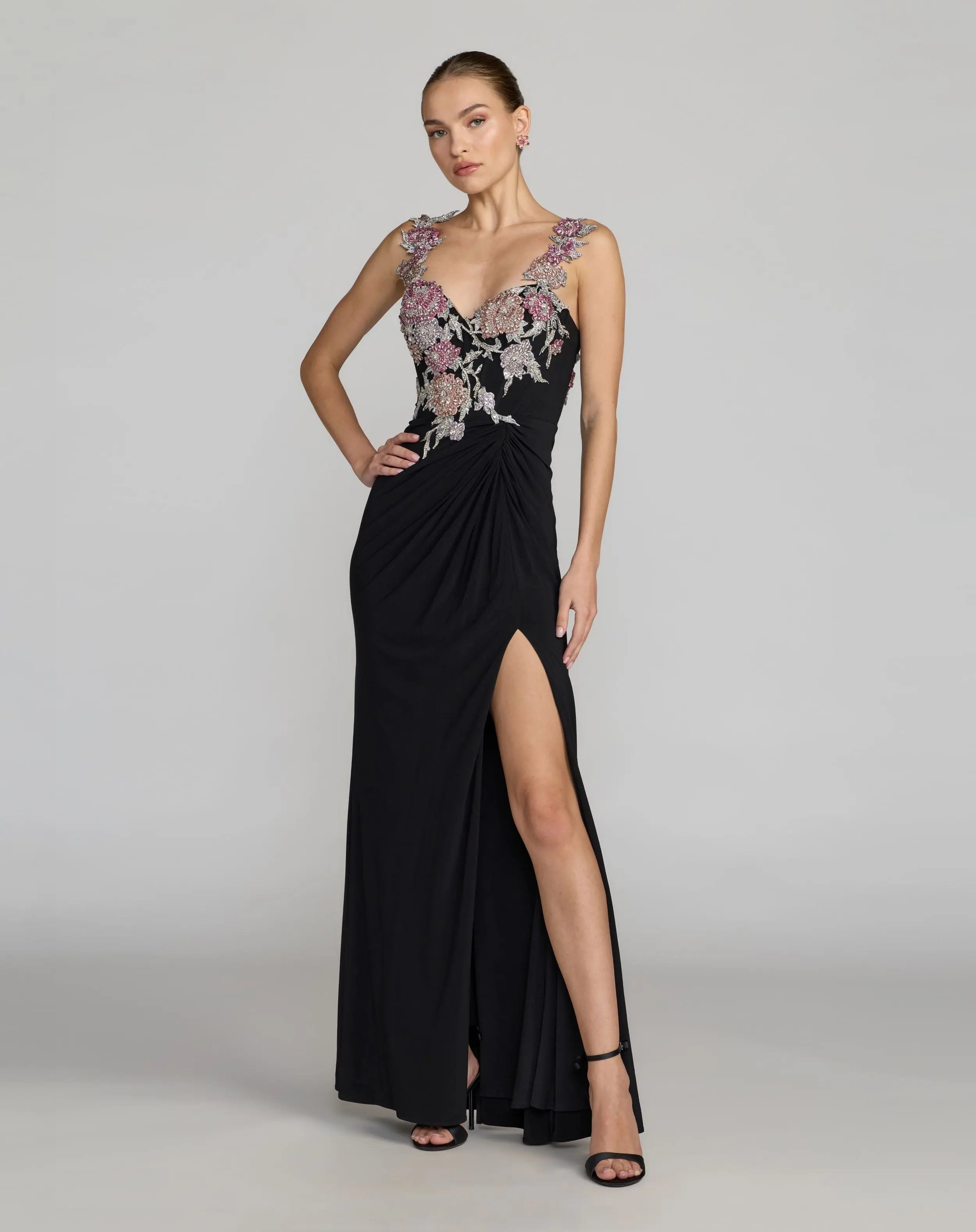 Black Sweetheart Jersey Gown With Beaded Flowers | Mac Duggal