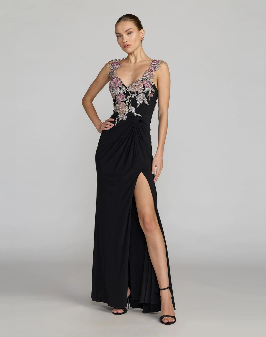 Black Sweetheart Jersey Gown With Beaded Flowers Black Sweetheart Jersey Gown With Beaded Flowers