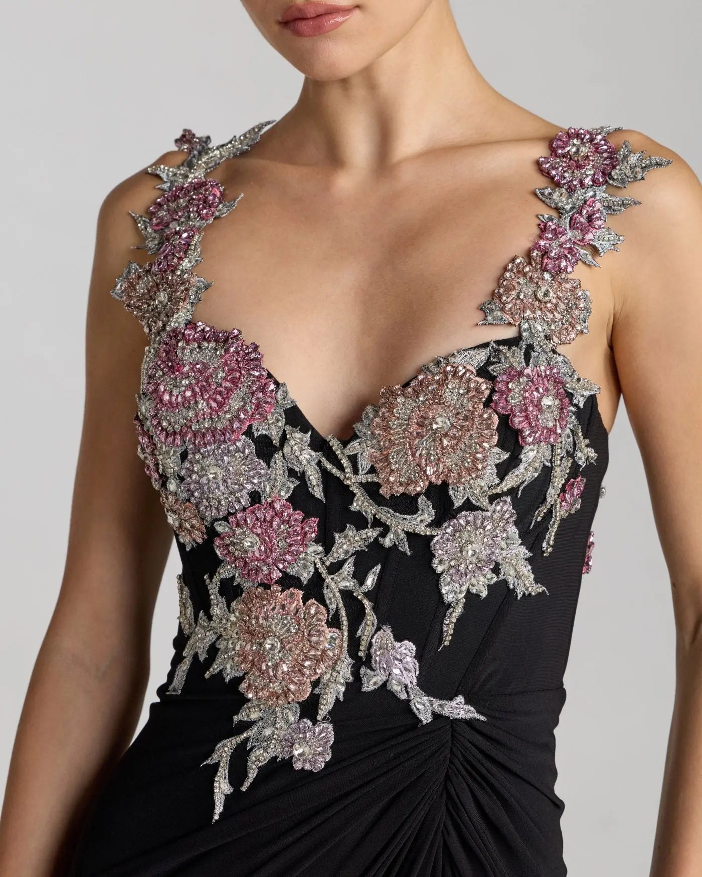black dress with pink flowers Mac Duggal - Black Sweetheart Jersey Gown With Beaded Flowers