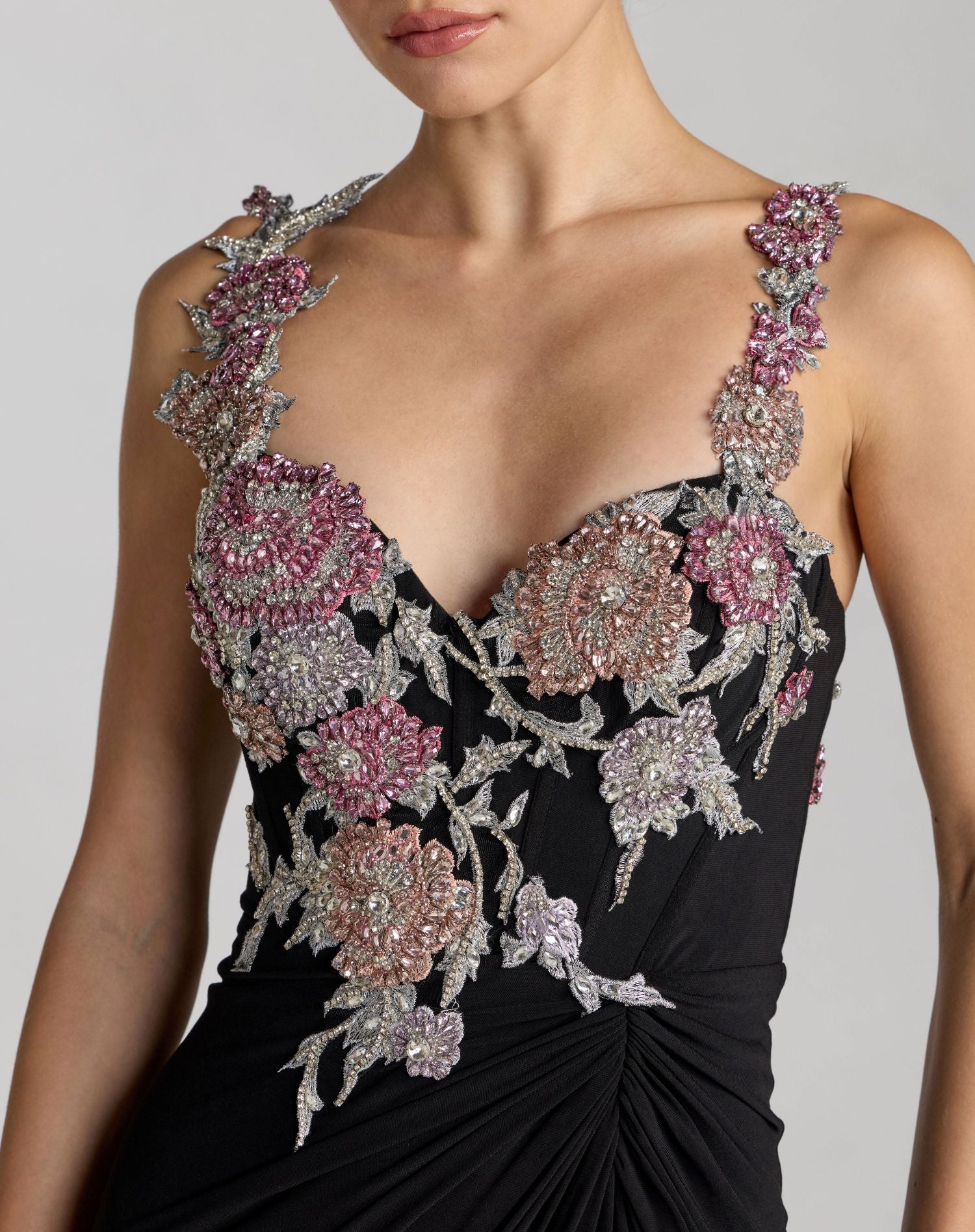 Black Sweetheart Jersey Gown With Beaded Flowers Mac Duggal