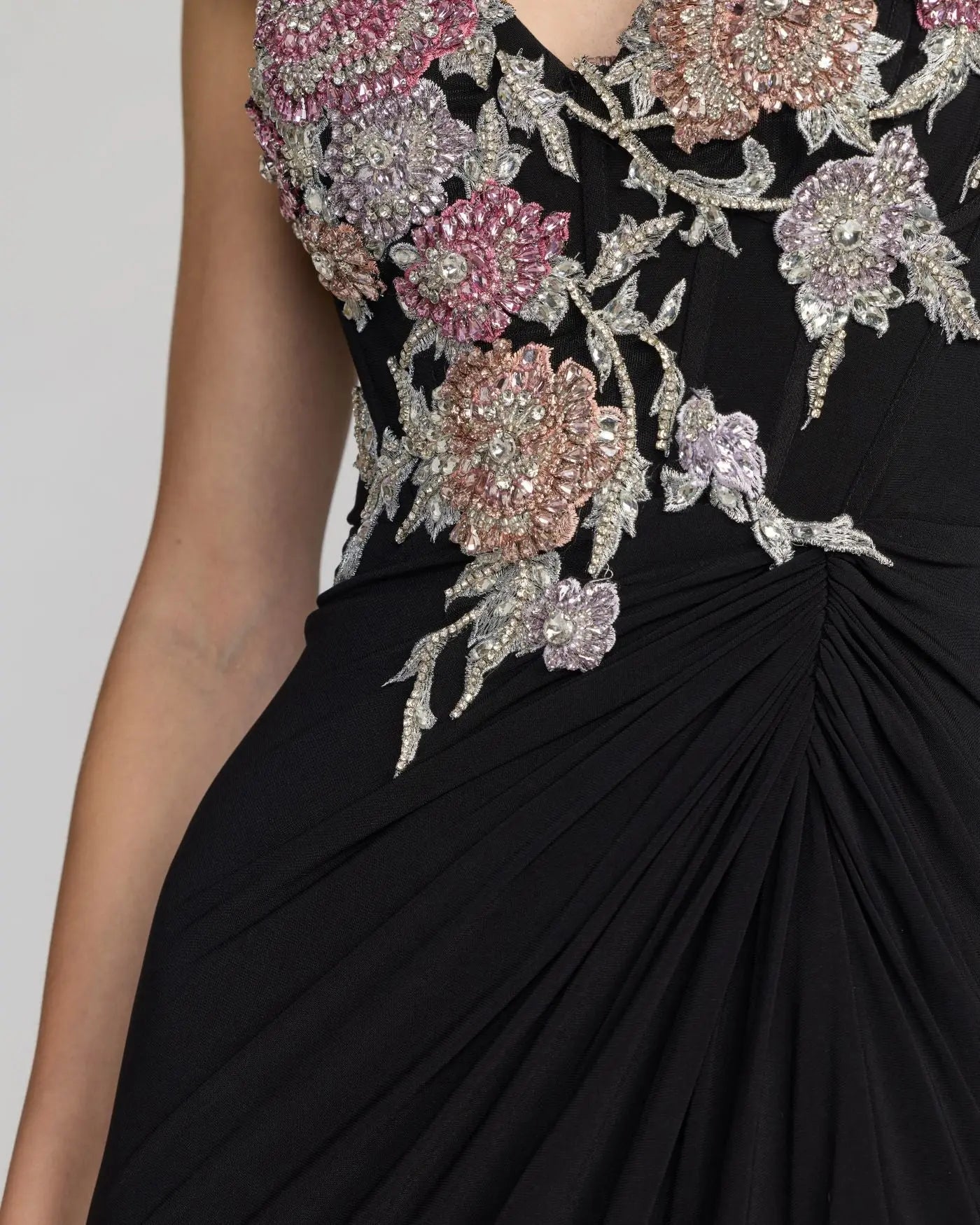 Black Sweetheart Jersey Gown With Beaded Flowers Mac Duggal