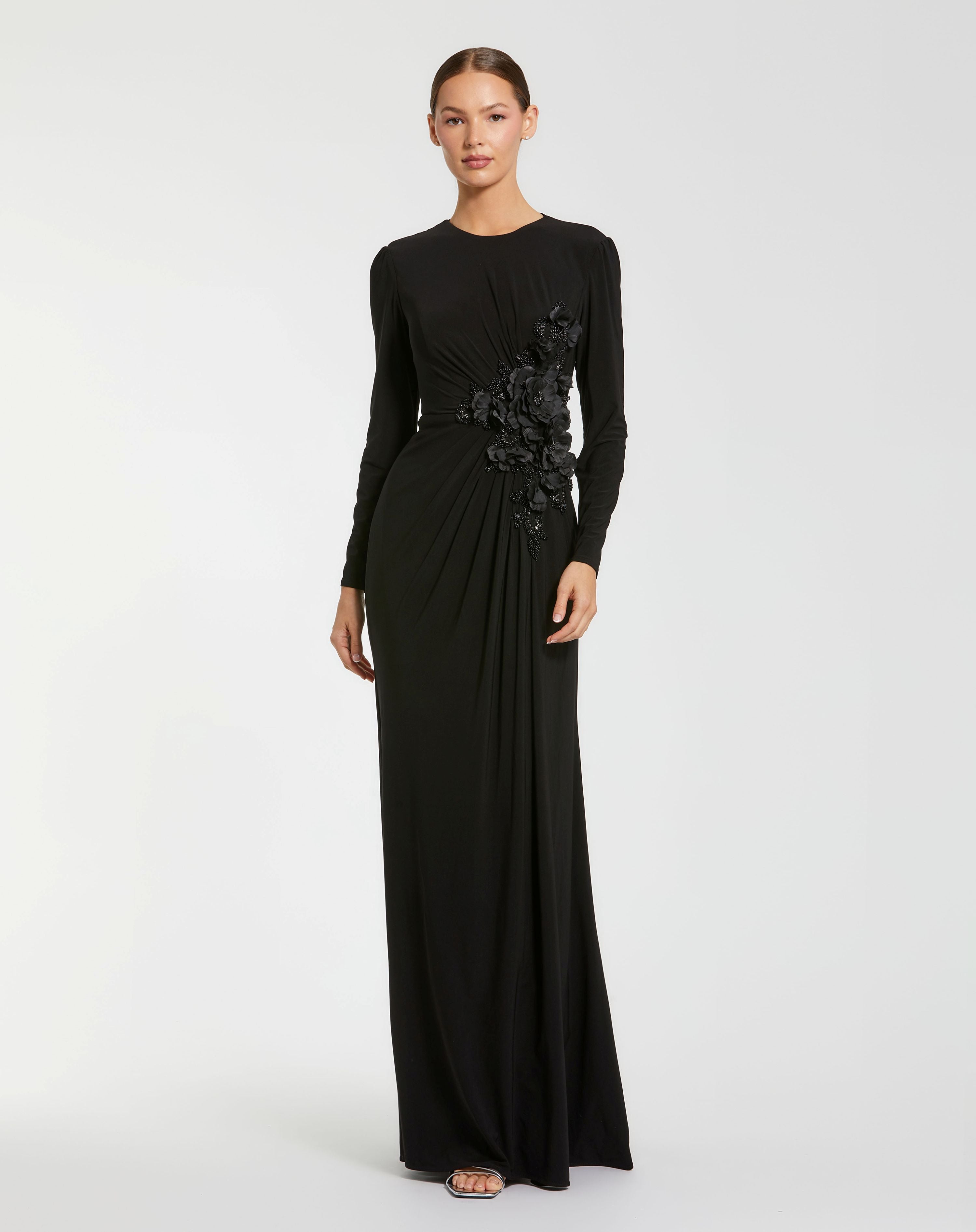 long black cocktail dress with sleeves Floral Appliqu Long-Sleeve Mini Dress Low Iron If Needed Black Long Sleeve Formal Dresses